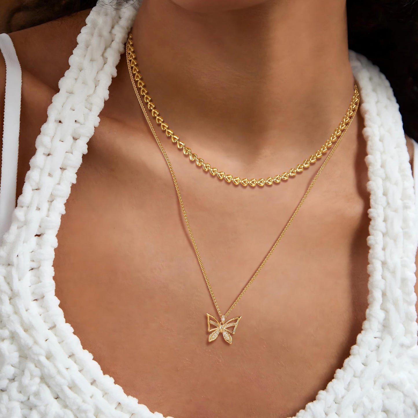 MEVECCO Gold Butterfly Layered Necklace for Women 18K Gold Plated Dainty CZ Charm Choker Chain Double Layer Pendant Necklace Stack Minimalist Handmade Layering Jewelry Set Gift