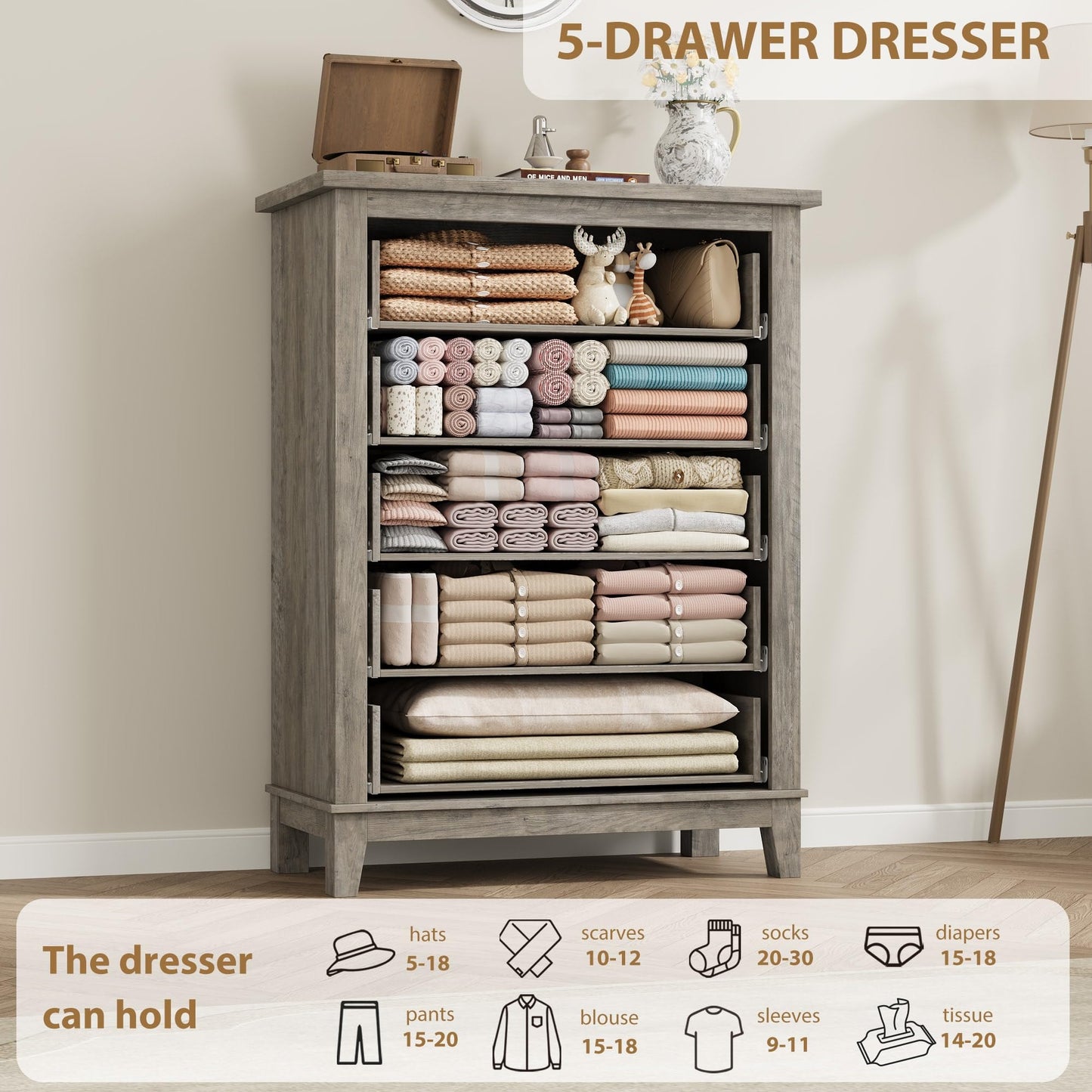 GarveeHome 5 Dresser for Bedroom, 41.3 in Tall Vertical Drawer Dresser with Large Storage, Freestanding Wooden Closet Chest for Bedroom, Living Room, Ash Grey