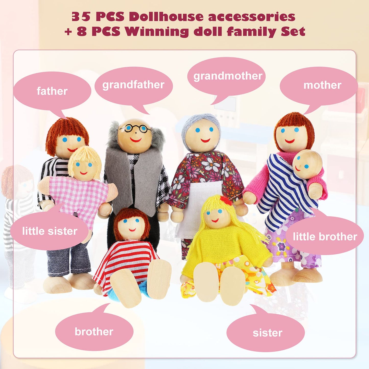 Sumind 35 Pcs Wooden Dollhouse Furniture with 8 Family Figures, Montessori Educational Wood Dolls House Accessories for 1:12 Scale, Preschool Imaginative Play Kit for Girls and Boys