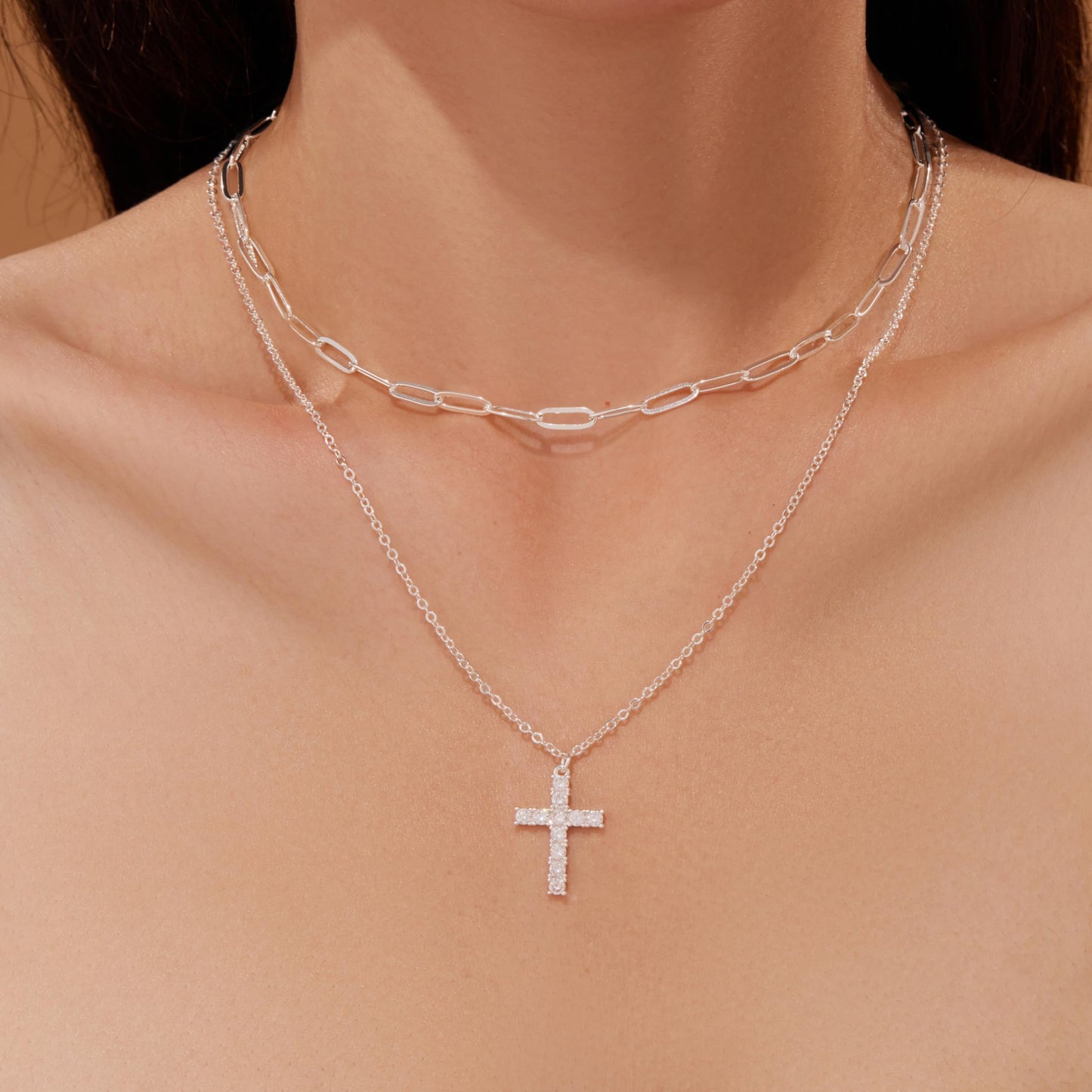 Layered Silver Gold Necklaces for Women,Silver Plated Dainty Stackable Choker Necklaces for Women,Trendy Layering Cubic Zirconia Cross Pendant Paperclip Thin Chain Necklace Set Jewelry Gifts for Women