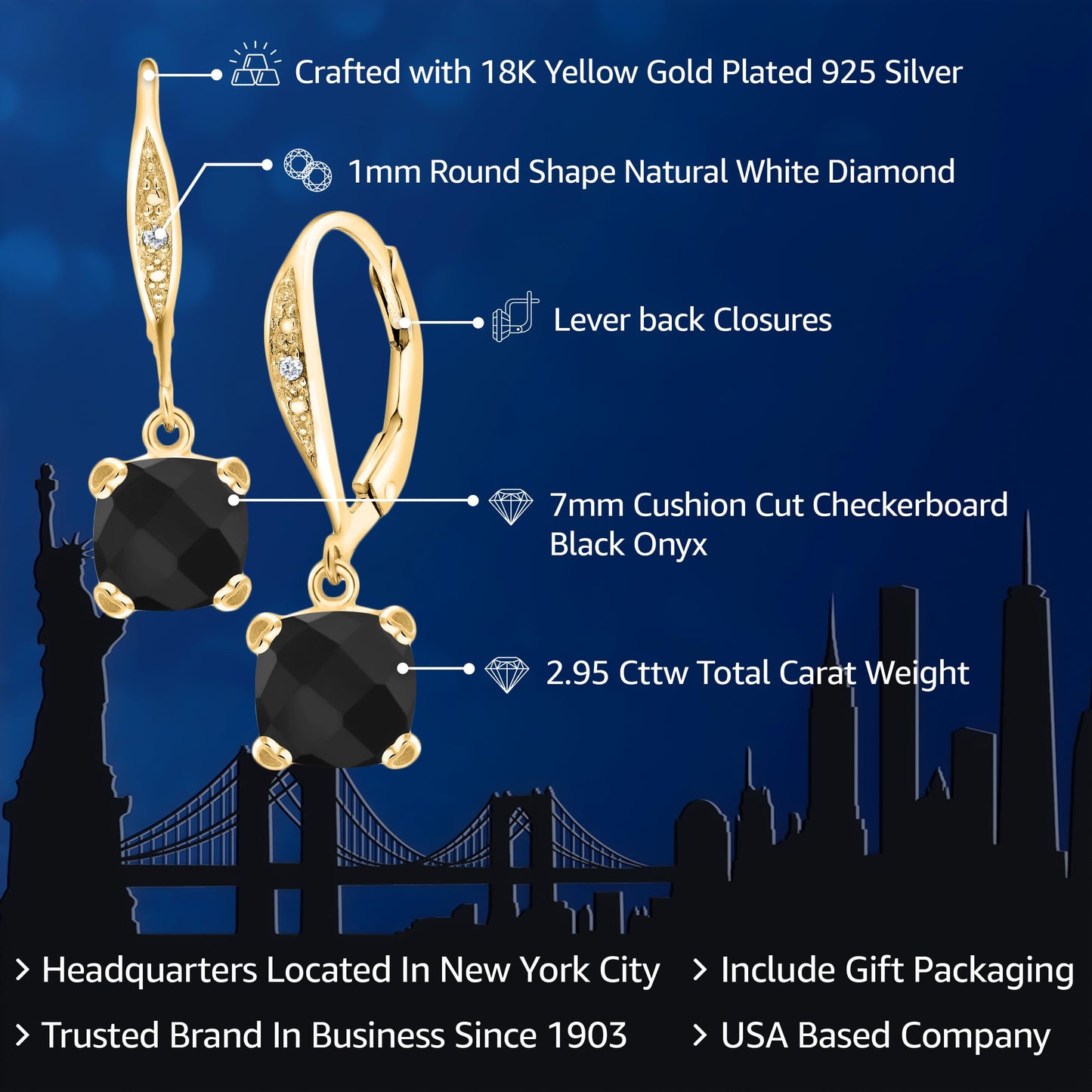 Gem Stone King Drop Dangle Earrings For Women | 7MM Cushion Cut Gemstone Birthstone and Diamond | 925 Sterling Silver | Jewelry Gift for Mom Wife Her | Onyx-Checkerboard-December | Yellow Gold