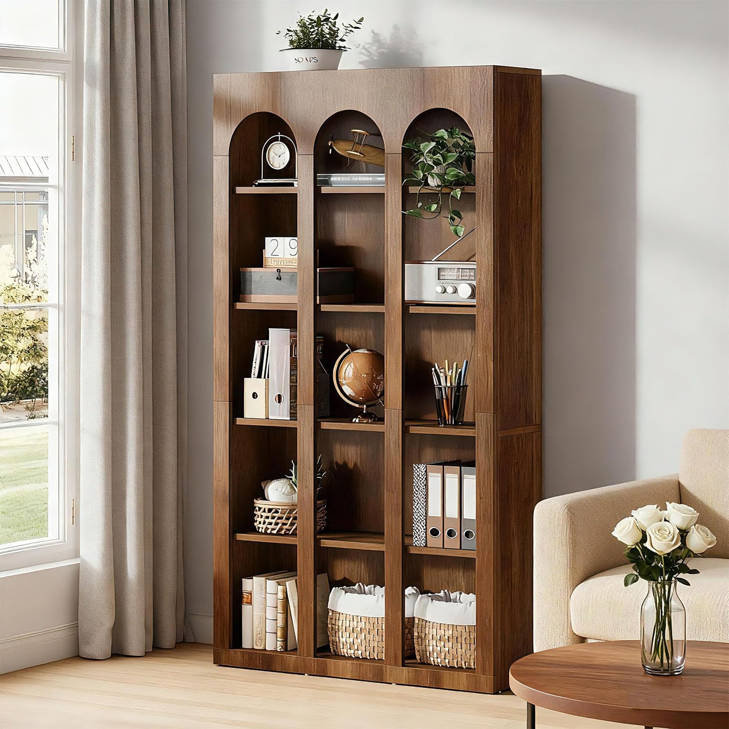 Tribesigns 5-Tier Farmhouse Arched Bookshelf, 70.87-Inch Mid Century Modern Arched Bookcase with Open Shelves, Tall Book Shelf Vintage Display Storage Shelving Unit for Home Office, Rustic Brown