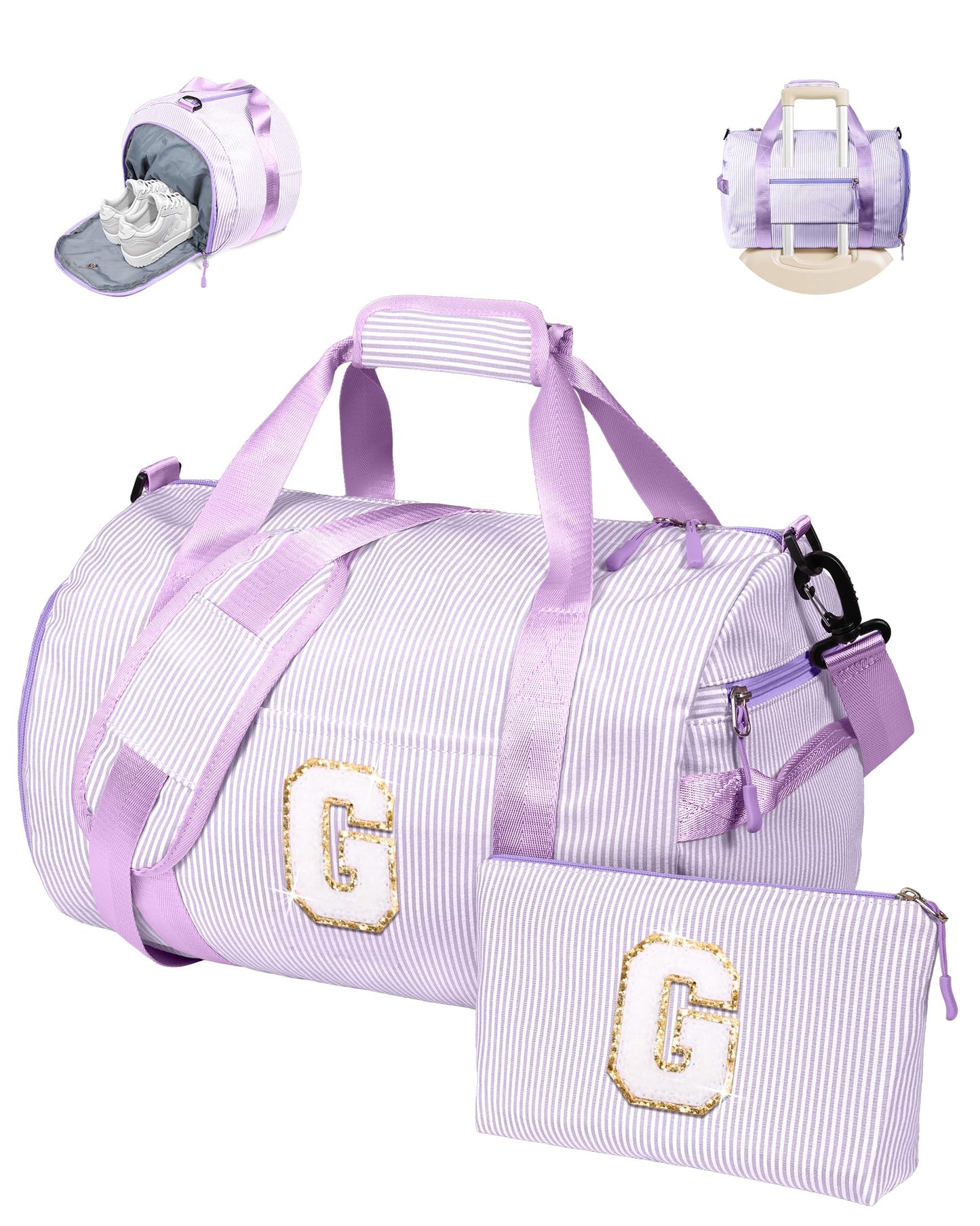 Vogewood Dorm Room Essentials, Girls Travel Duffle Bag, Kids Initial Overnight Duffel Bags with Shoe Compartment, Personalized Dance Bag with Cosmetic Pouch, Gifts for Teenager (Letter G)