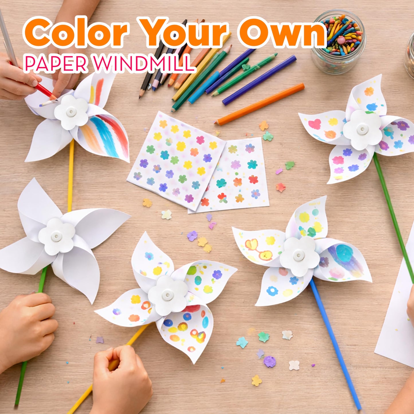 4E's Novelty DIY Pinwheels Craft for Kids (48 Pack) Color Your Own White Pinwheels, Bulk Summer Spring Craft Kit for Boys & Girls, Arts and Craft Party Activity, Church Easter Crafts