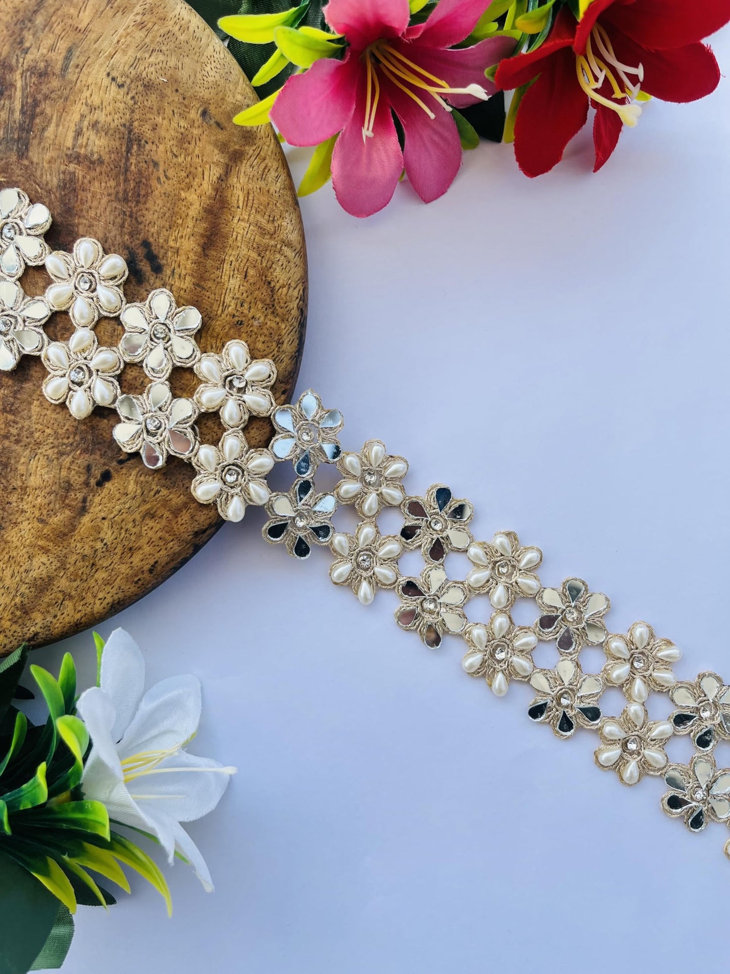 PIYUCRAFTS 1.5 Inch Mirror Pearls Flower Design Trim – Available in 1, 3, 6 Yards – Decorative Lace Border for Sarees, Dresses, DIY Crafts, Wedding Decor, Home Embellishment (1)