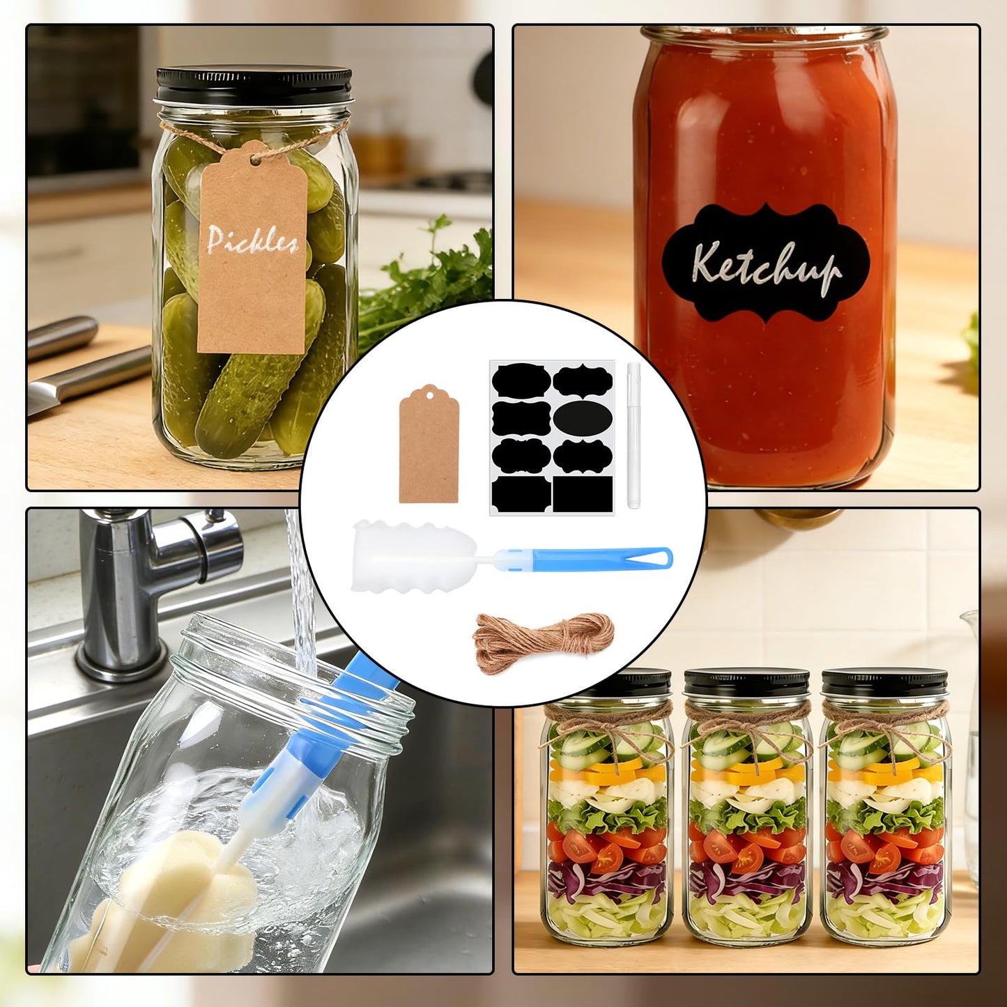 QAPPDA 32 OZ Glass Jars with Lids Set of 12,Clear Wide Mouth 1000ML Glass Mason Jar with Airtight Lid,Durable Glass Food Storage Canning Jars for Pickles,Jams,Preserving