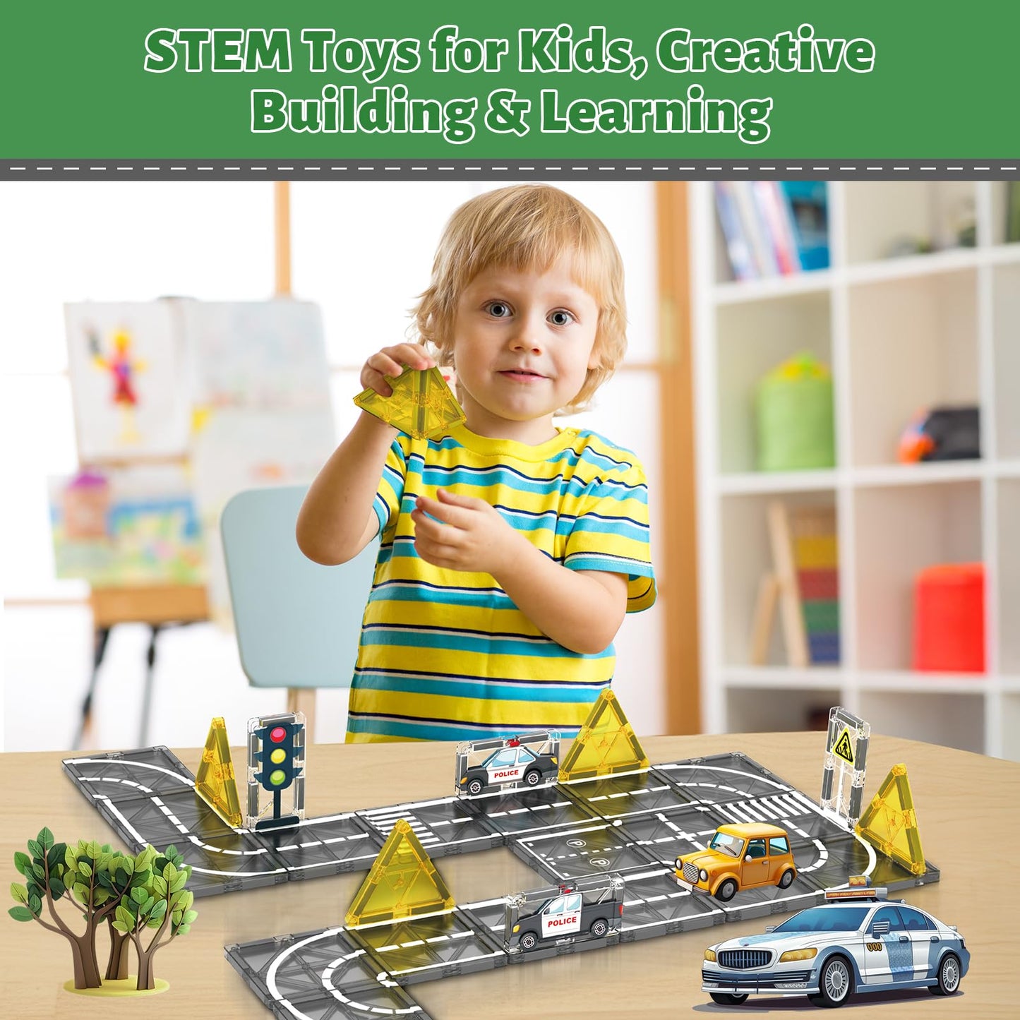 AFUNX Magnetic Tiles Road Expansion Set, STEM Magnetic Building Blocks for Kids Ages 3-5 4-8 5-7, STEM Learning Toys, Safe & Durable Creative Construction Play, Gift for Boys & Girl