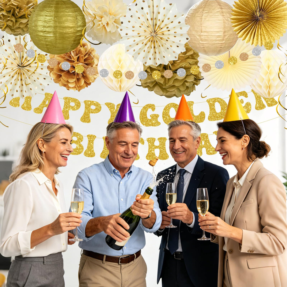 Golden Birthday Party Decorations,Gold Birthday Decorations with Happy Golden Birthday Banner,Paper Lanterns,Tissue Pom Poms,Fan,Gold Cream Balloons for Women Men,Photo Backdrop Decor,Gold Party