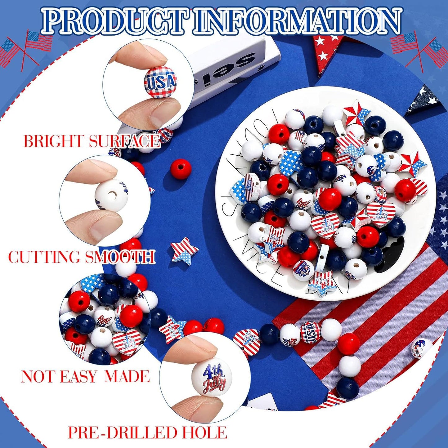 Buryeah 200 Pcs 4th of July Wood Beads Red White and Blue Patriotic Wooden Beads Memorial Day 250th Anniversary Flag Charms for Independence Day DIY Jewelry Garland Necklaces Decor