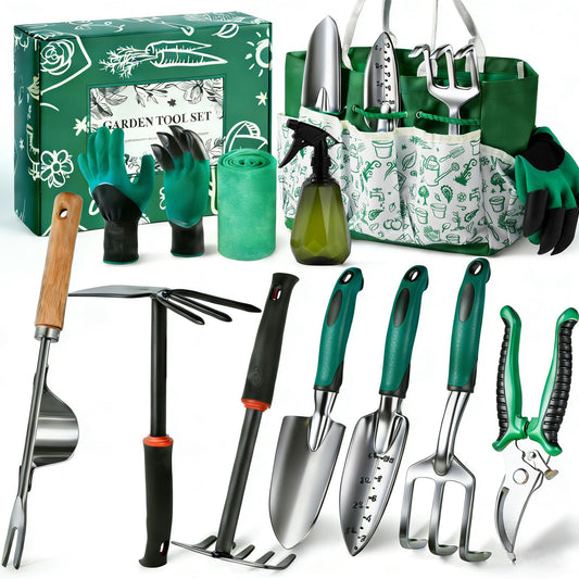 Alitifiy Garden Tool Set, 12-Piece Complete Stainless Steel Gardening Essentials, Heavy Duty Garden Tools with Large Storage Tote, Gardening Gifts for Women, Men, Mom & Dad Beginners Gardeners, Green