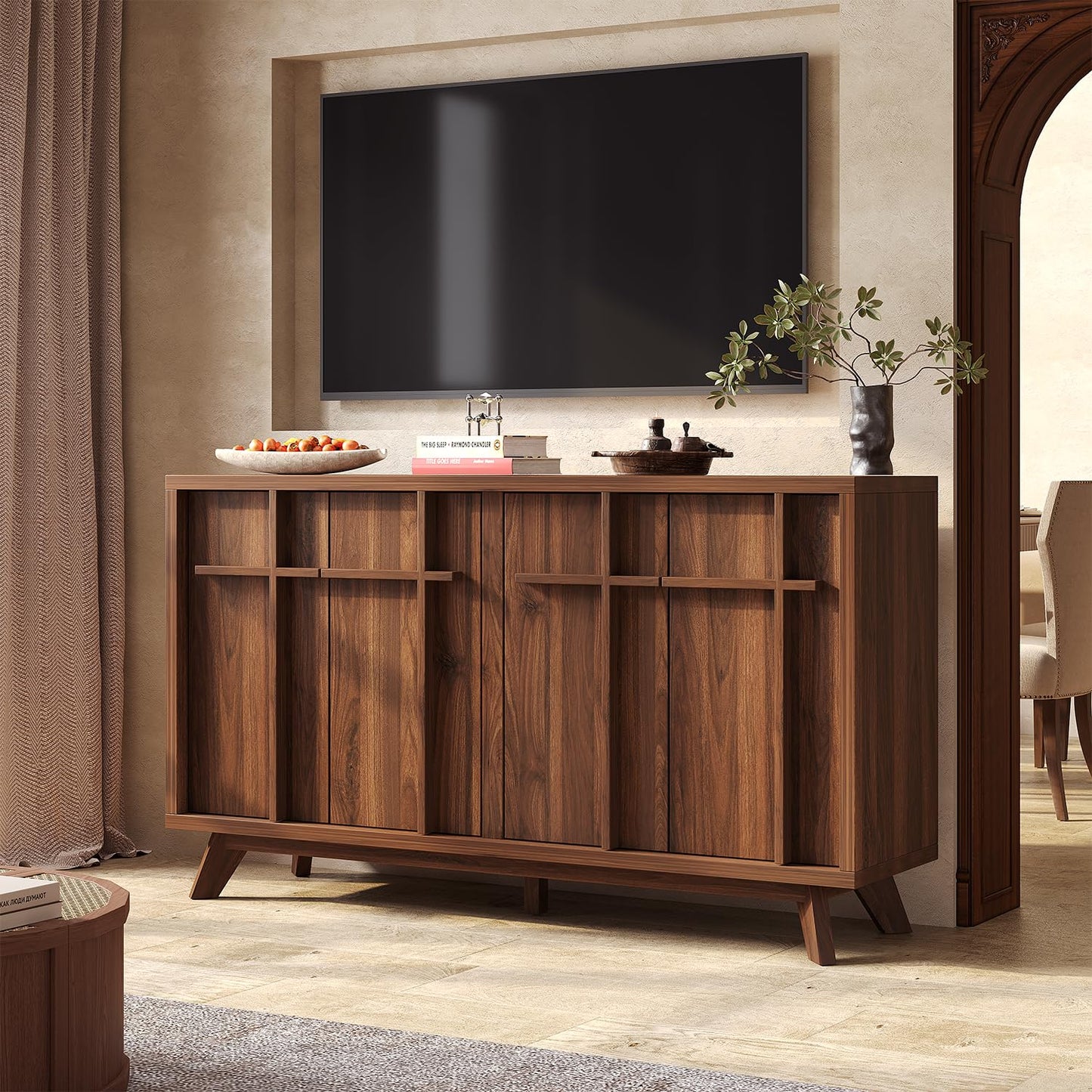 knoworld Sideboard Buffet Cabinet with Storage, 59" Modern Credenza with 4 Doors & Adjustable Shelves, Wood Console Cabinet for Living Room Kitchen Dining Room Hallway (Walnut)