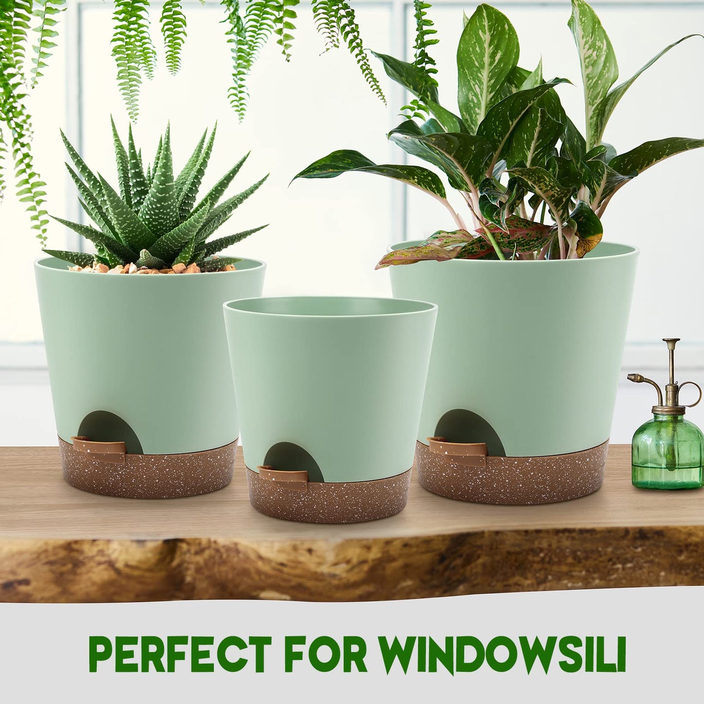 YNNICO Indoor Self Watering Planters with Drainage Holes and Saucers, 9,8, 7.5 Inches, Green, 3 Pots (Springgreen)