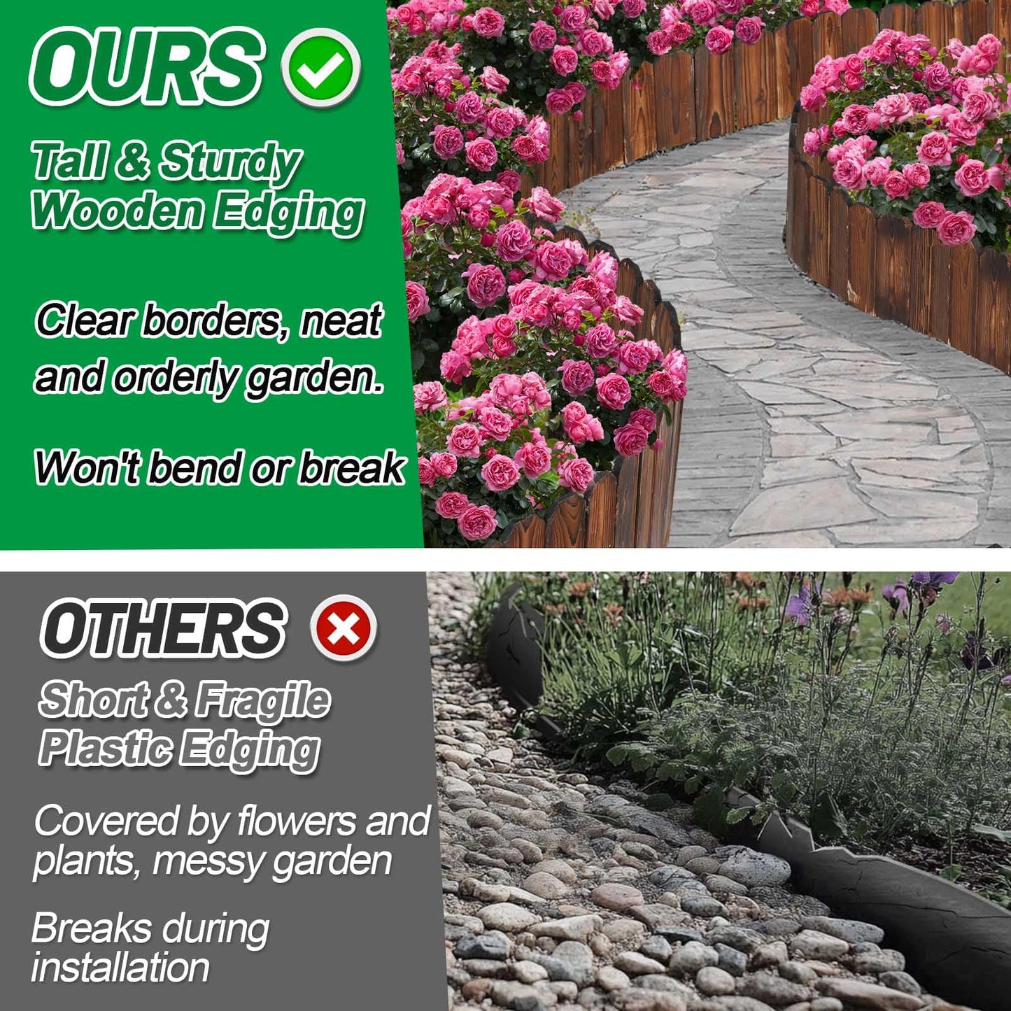 Wooden Garden Edging - 11.8ft x 8in Weather-Resistant Pine Landscape Border Fence for Outdoor Patio Lawns Yard Flower Beds Decoration