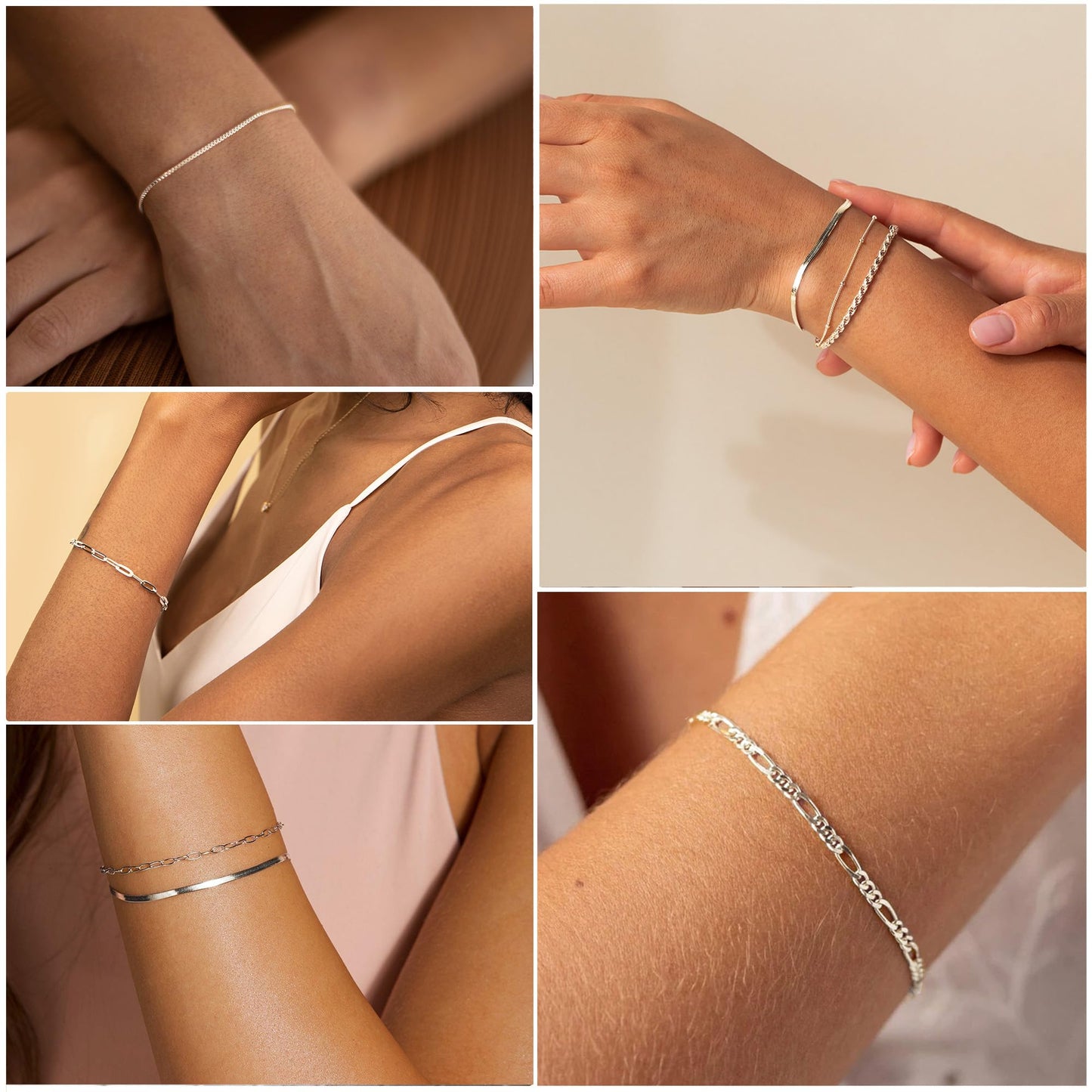 DEARMAY Dainty Silver Plated Bracelets for Women Trendy, Silver Jewelry Set Paperclip Box Herringbone Figaro Rope Chain Bracelet for Women Fashion Pack Gifts