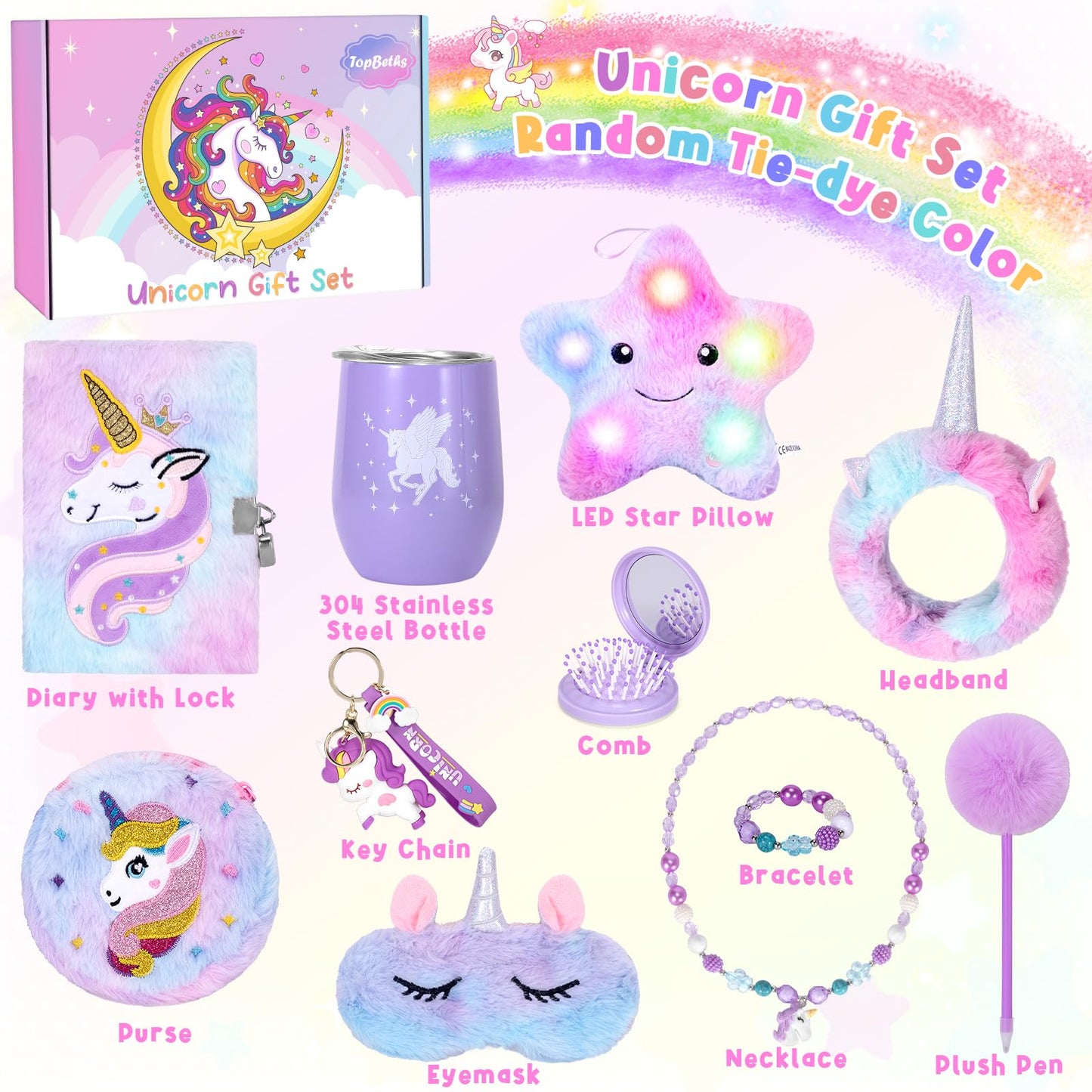 Unicorns Gifts for Girls Age 5 6 7 8 9 10 Years Old, Kids Unicorn Toy with Light Up Plush Star Pillow, Diary, Headband, Eye Mask, Water Bottle, Teen Soft Plush Toys Set for Birthday Gift Christmas
