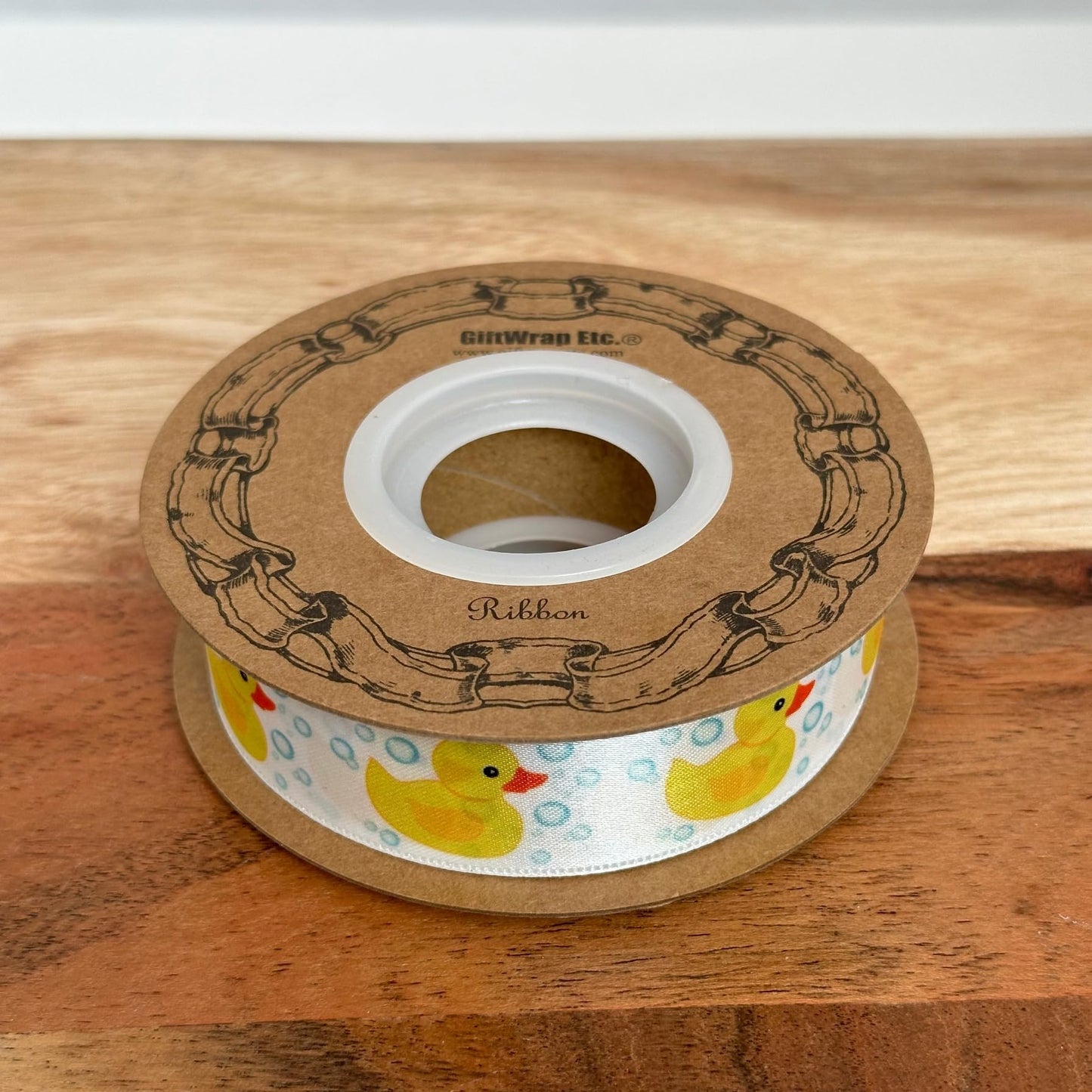 Rubber Duck Satin Craft Ribbon - 1" x 25 Yards, White Ribbon with Yellow Rubber Duckies, Christmas, Birthday, Baby Shower, Gift Bow, Diaper Cake, Hair Bows, Gender Reveal, Valentine's Day, Easter