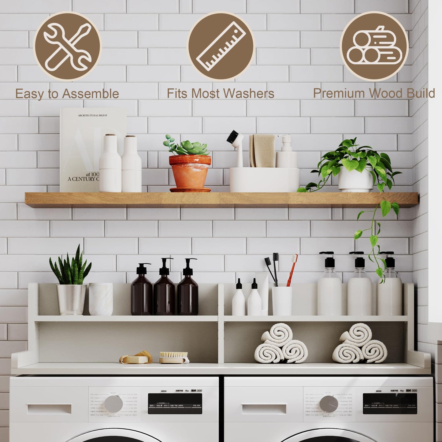 ChooChoo 2-Tier Washer Dryer Countertop with Adjustable Shelf, Spacious Laundry Room Storage for Folding Clothes and Efficient Organization, White