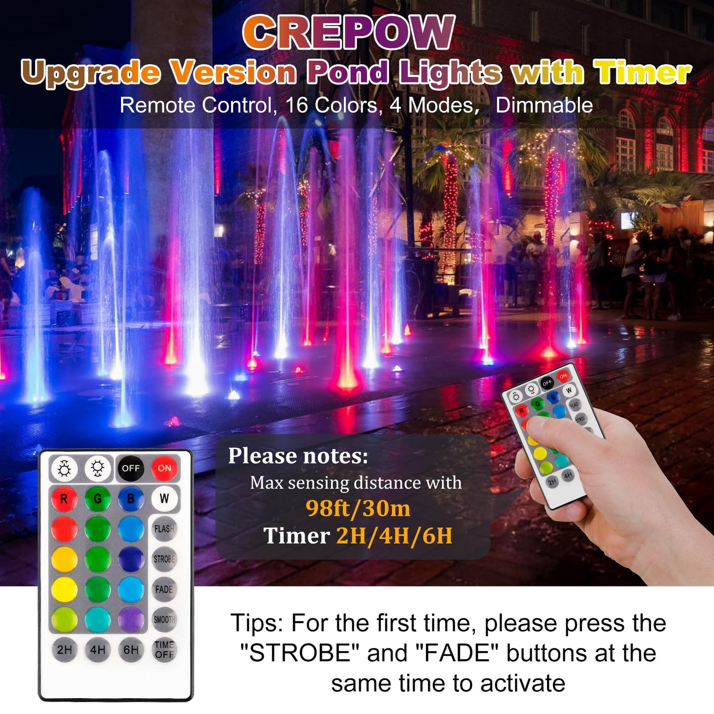 CREPOW RGB Pond Lights with Timer,18 LED Underwater Submersible Fountain Lights,Remote Control IP68 Waterproof Color Changing Spotlights for Fish Aquarium Tank Yard Garden Pool (Set of 5)