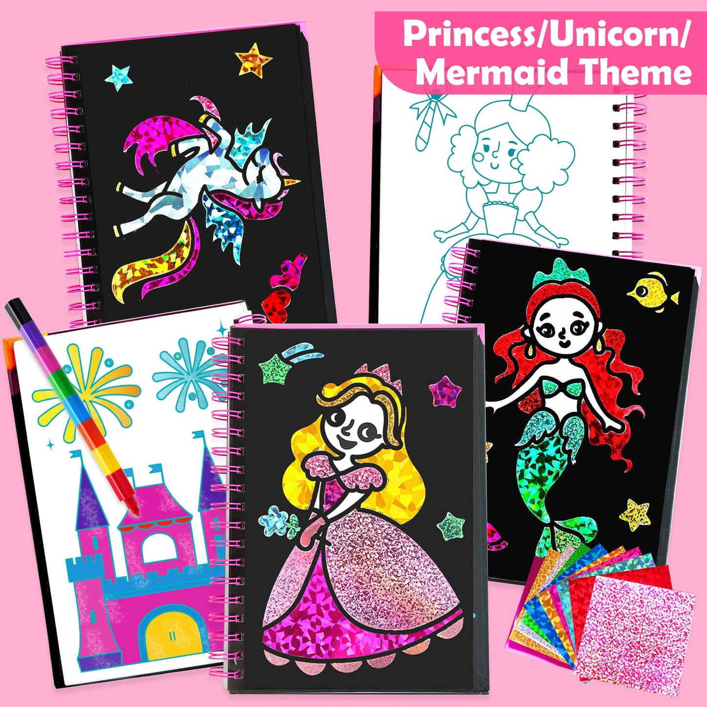 FUNNYB&G Foil Art Craft Kit for Girls 4-10 Years Old: Mess-Free & No-Glue, Create 16 Sparkly Princess Unicorn Pictures – Perfect Travel Toy & Birthday Gift for Kids (Princess)