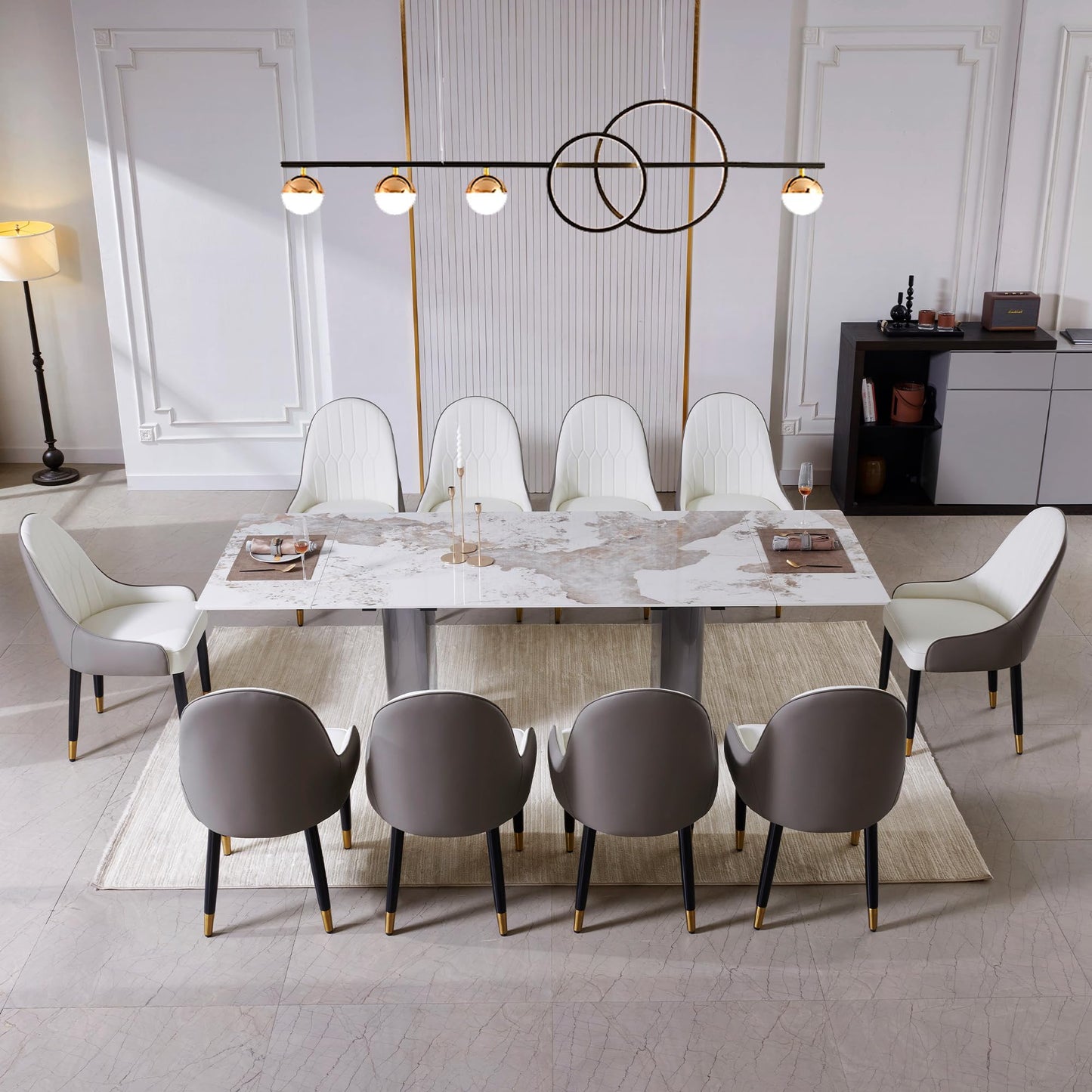 Extendable Dining Table Set for 4-10, Modern Dining Room Table with Black Carbon Steel Base, Rectangular Sintered Stone Top Dinner Table, 63''-94.4'' Folding Kitchen Table (Dining Table Only)