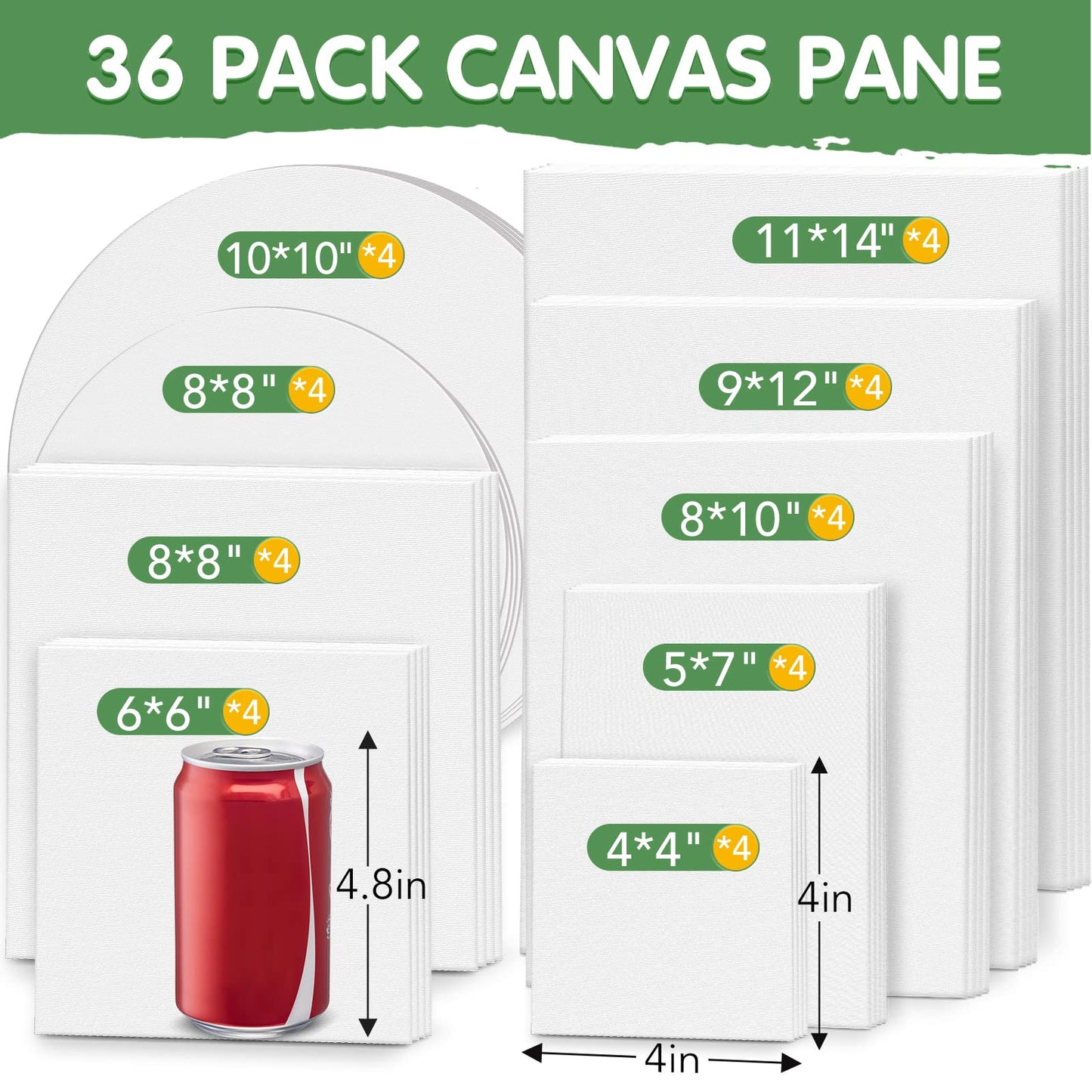 ESRICH Canvases for Painting, 36 Pack Canvas Boards 4x4, 6x6, 8x8, 5x7, 8x10, 9x12, 11x14, Round Canvas Panels with 8x8,10x10-Cotton Primed Blank Large Canvases for Acrylic, Oil, Gouache & Tempera.