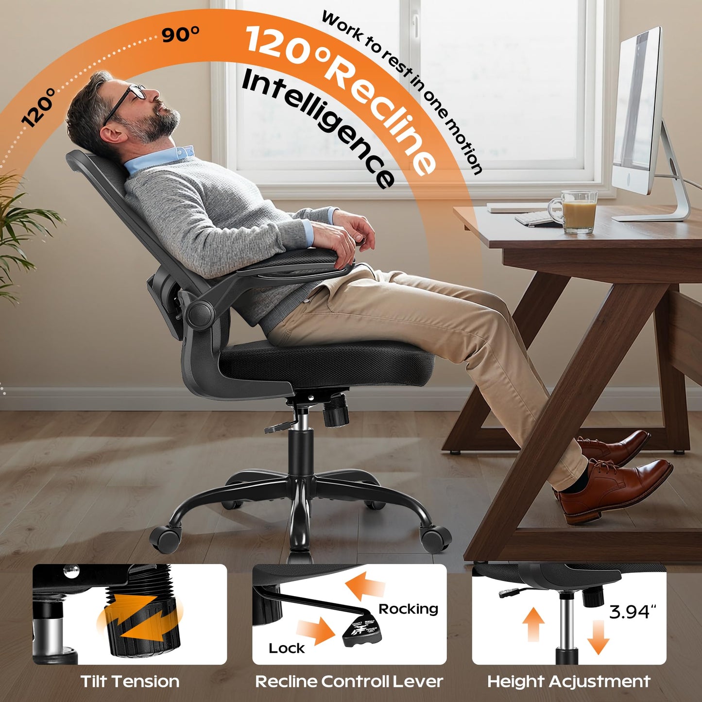 Ergonomic Office Chair 2026 - Mesh Desk Chair with Flip-up Armrests, Adjustable Height and Lumbar, 360° Swivel Comfortable Computer Chairs for Home, Conference Room, Reception, Max 350lbs, Black
