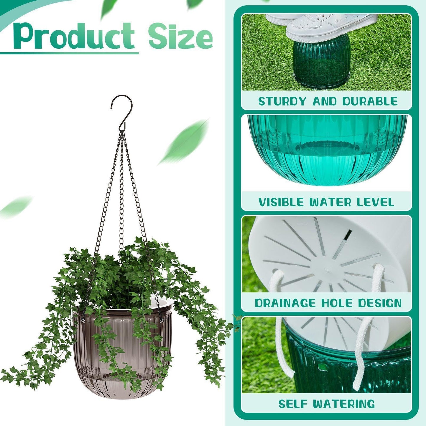 Meanplan 4 Pcs Self Watering Hanging Planter Indoor 6.5 Inch Hanging Baskets for Plants Outdoor Plastic Flower Pot with 3 Hooks Chains Drainage Holes for Garden Home, Medium Size(Emerald, Gray)