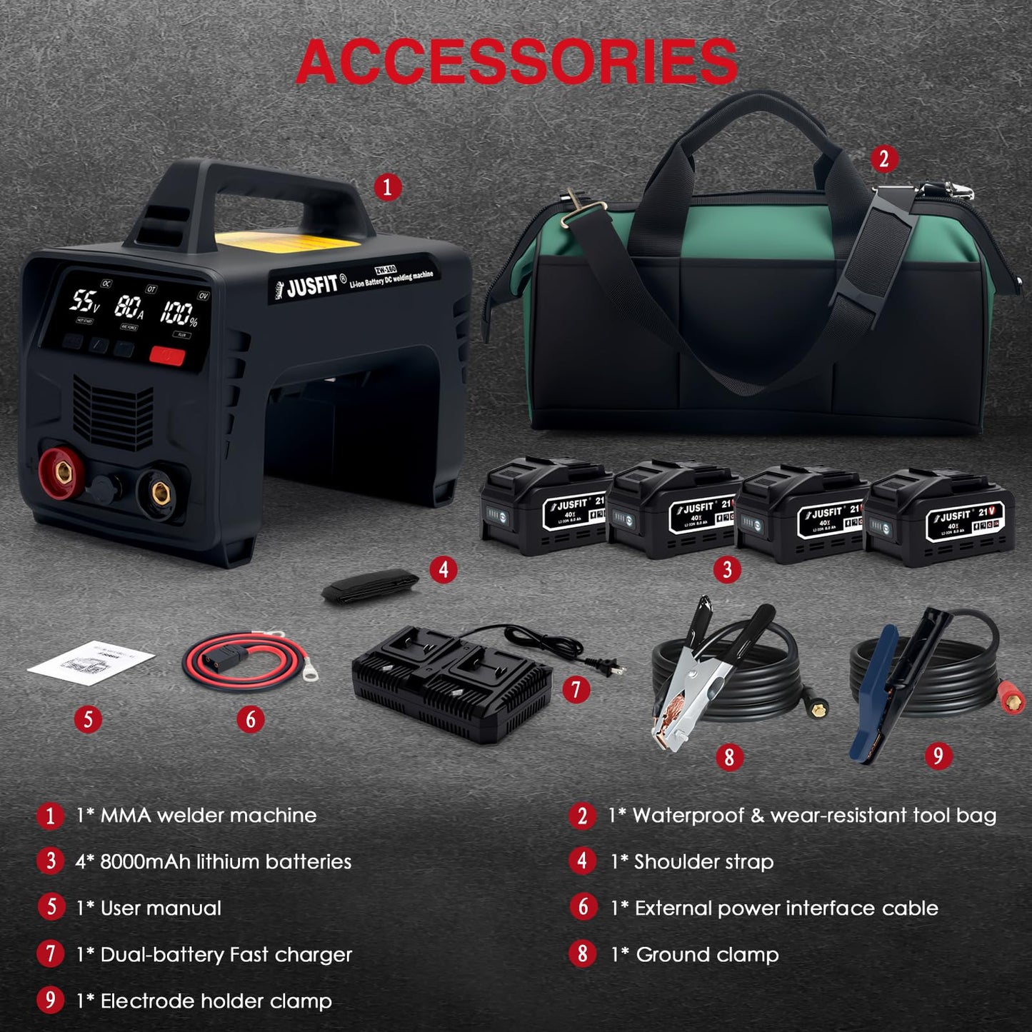 JUSFIT Cordless Welding Machine - MMA Stick Welder 160A, IGBT Inverter with 4x 8000mAh Batteries, LED Display, Hot Start, Portable for Industrial, Metal Fabrication, DIY