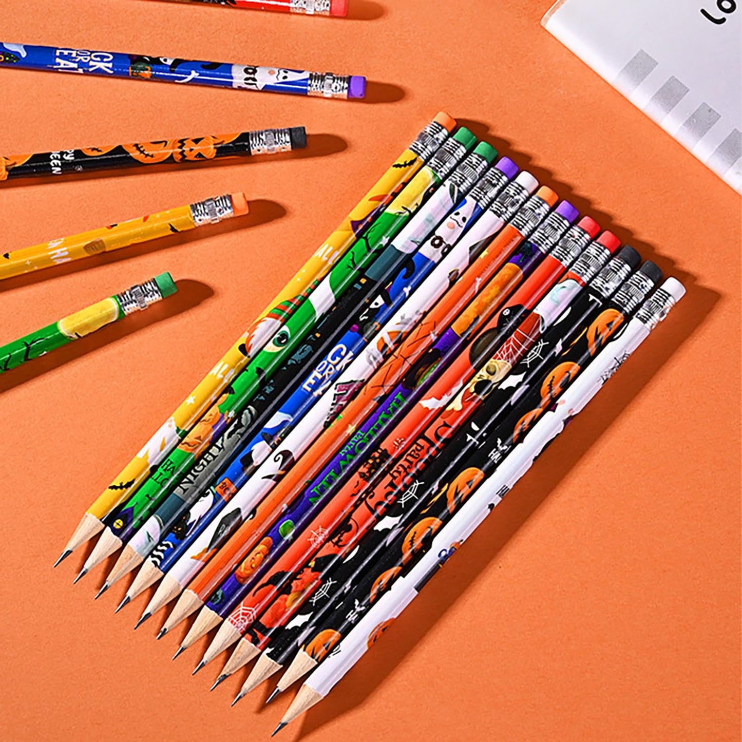 YYaaloa 144 Pcs Wooden Pencil with Eraser Halloween Colorful Pencils Novelty Fun Holiday Gift Office Supply Writing (144pcs, Halloween)