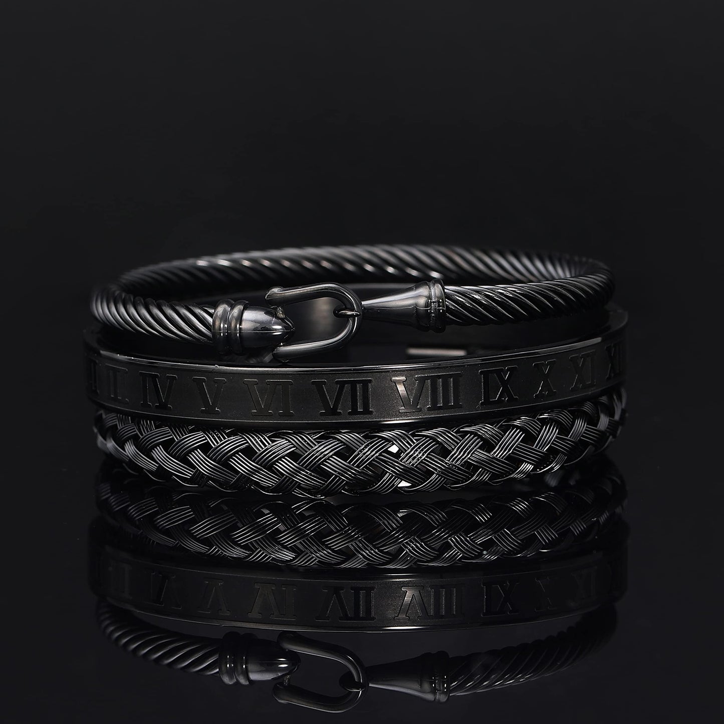 WFYOU 3PCS Stainless Steel Bracelets for Men Gold Roman Numeral Bangle Bracelet Twisted Cable Bracelet Adjustable Cuff Bracelet Mens Luxury Jewelry Bracelets Gifts