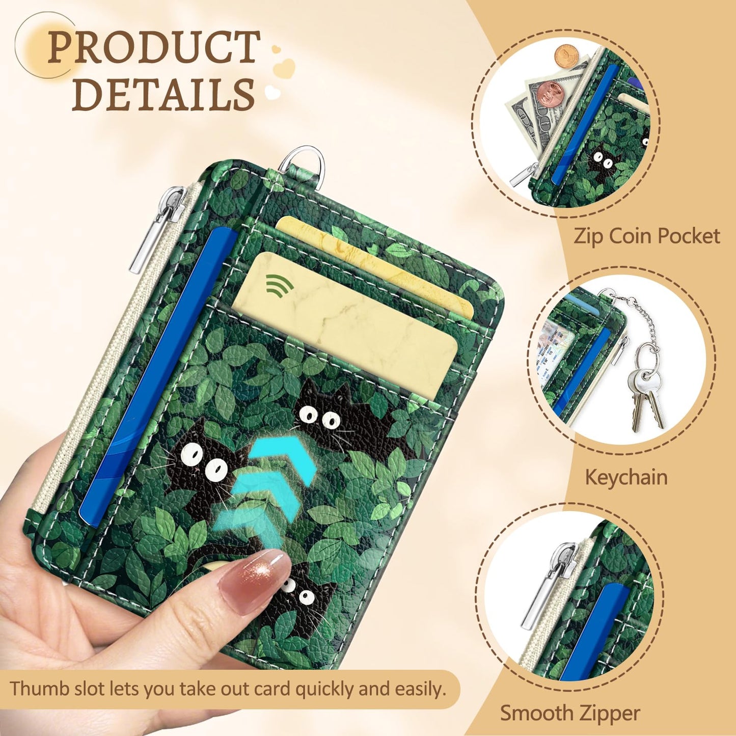 Cute Black Cat Credit Card Holder Small Wallet Women, Green Grass Slim RFID Blocking Wallet Woman Keychain with Zipper Coin Pocket, Front Pocket Thin Travel Card Case with ID Window for Ladies Gifts