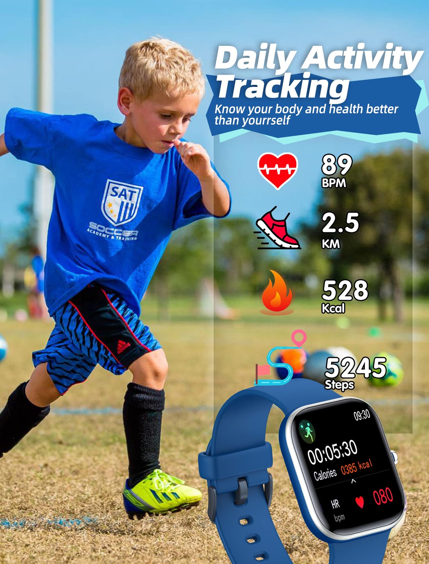 Kids Smart Watch for Girls,IP68 Waterproof Kids Fitness Tracker Watch with 1.5 Inch DIY Face,Heart Rate Sleep Monitor,19 Sport Modes,Calories Counter,Alarm Clock,Great Gifts for Children 6+ (Blue)