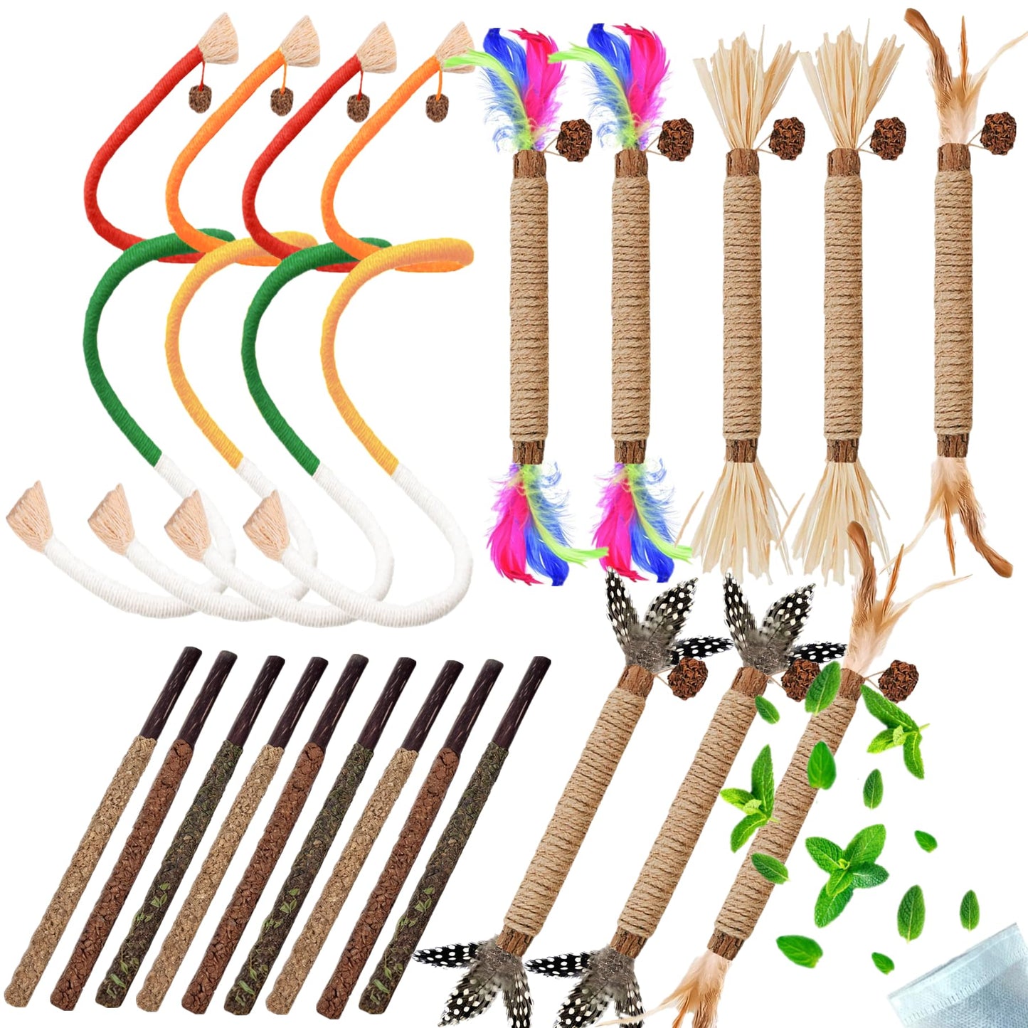 GREMBEB Cat Toys 21PCS Catnip Toy for Indoor Kitten Toys Cat Chew Stick for Dental Cleaning Teeth Cat Silvervine Matatabi Rope Treat Kitty Feather Snack for for Kick Molar Scratch Self Play