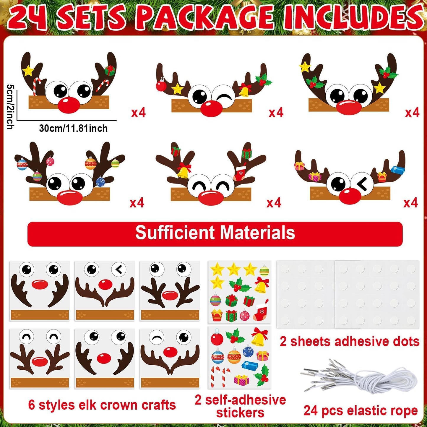 Qyeahkj 24 Sets Christmas Headbands Craft Kits Xmas Reindeer DIY Paper Crown Crafts for Winter Elk Reindeer Eyes Nose and Horn Stickers Holiday Home Activities Winter Party Favors