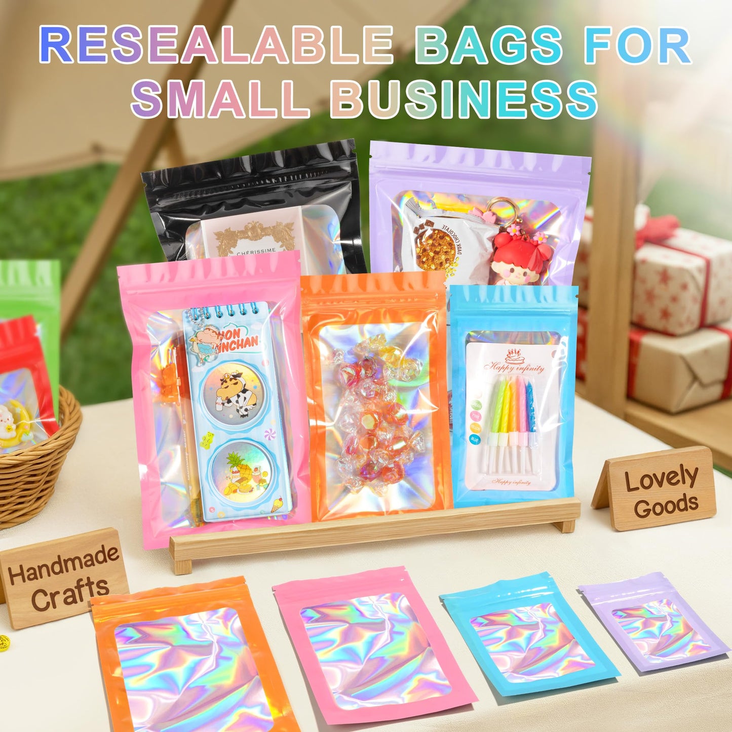 ANZNKU 100 Pack Holographic Mylar Bags, Smell Proof Sealable Packaging Bags with Clear Window for Small Business, Resealable Zip Bag for Candy Treat Jewelry Goodie Sample & Gifts (Black, 2.4 x 3.9 in)