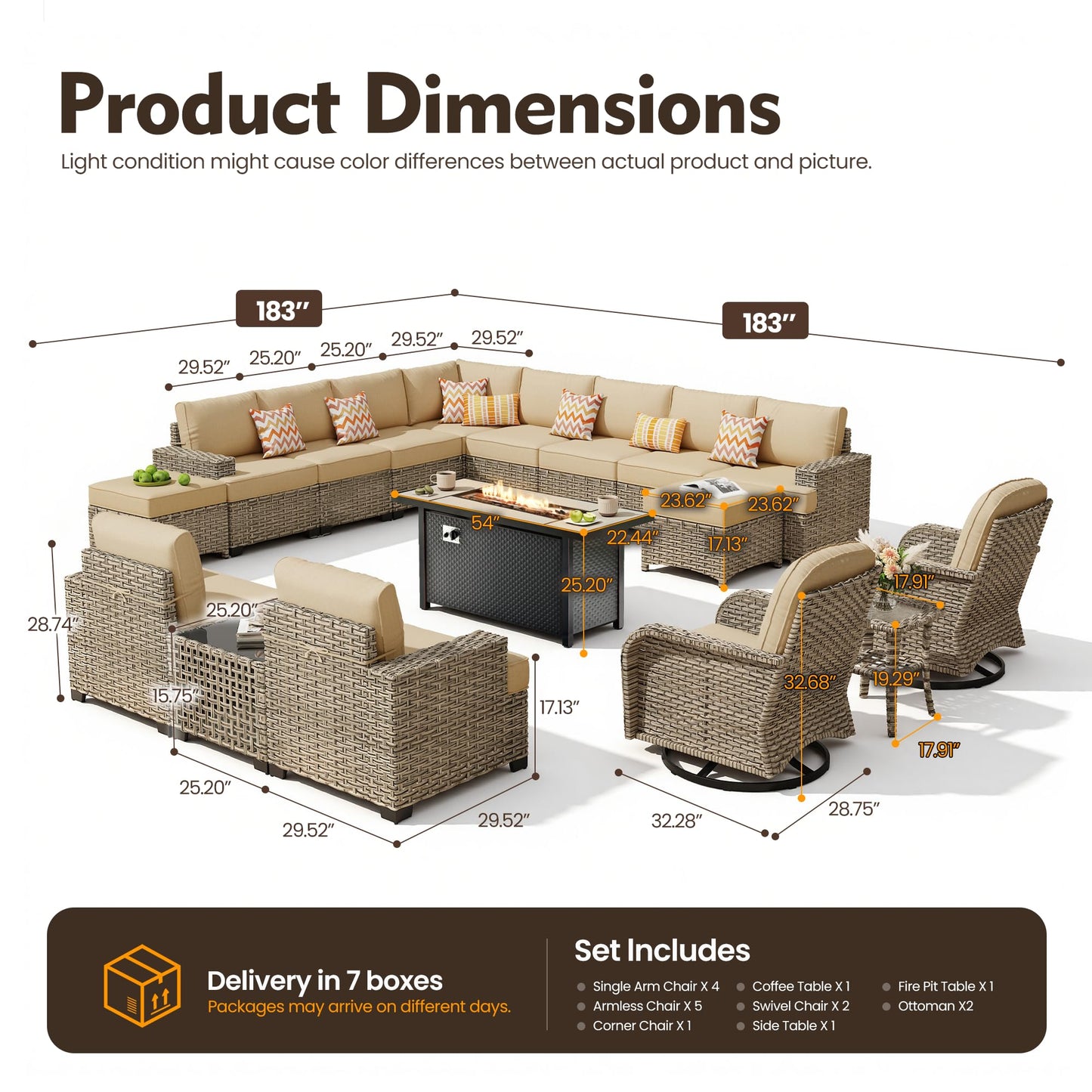 HOOOWOOO Sectional Patio Furniture Set with Fire Pit Table,17 Pieces Wicker Outdoor Furniture L Shaped Couch,Outside Conversation Set Extra Deep Sofa Wide Arm Swivel Chairs Ottoman Solar Light,Beige