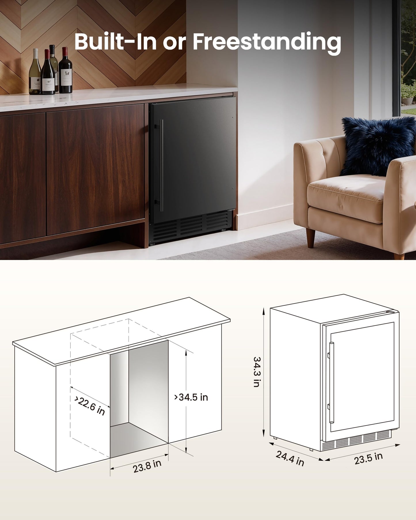 ICEVIVAL 24 Inch Beverage Refrigerator, 180 Can Under Counter Fridge, Stainless Steel Beer Fridge for Built-in & Freestanding, Outdoor Refrigerator for Soda, Beer, Wine (Black)