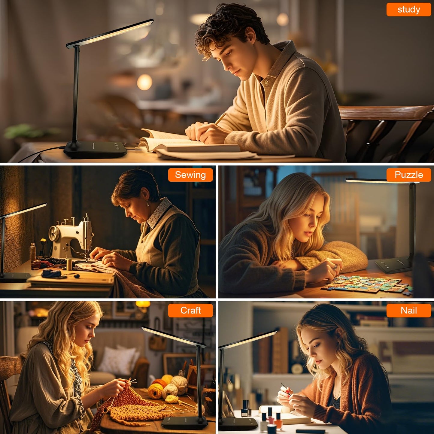 shinelife LED Desk Lamp for Office Home, Bright Desk Light with USB Charging Port, Adjustable Dimmable Desk Lamps 5 Modes 5 Brightness, Touch Study Lamp for Nail, Craft, Puzzle, Sewing, Study, Black