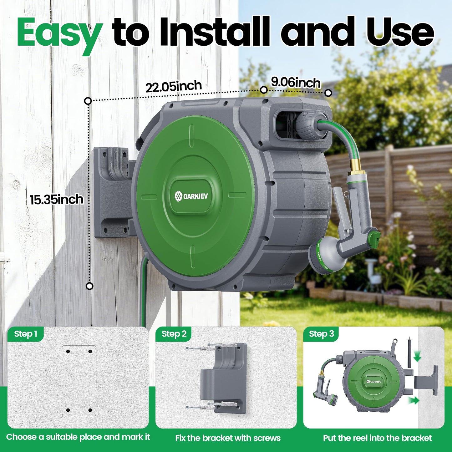 OARKIEV Garden Retractable Hose Reel, 5/8 Inch x 85 ft Wall Mounted Garden Hose Reel with Any Length Lock, Upgraded Slow Return System and 180°Swivel Bracket