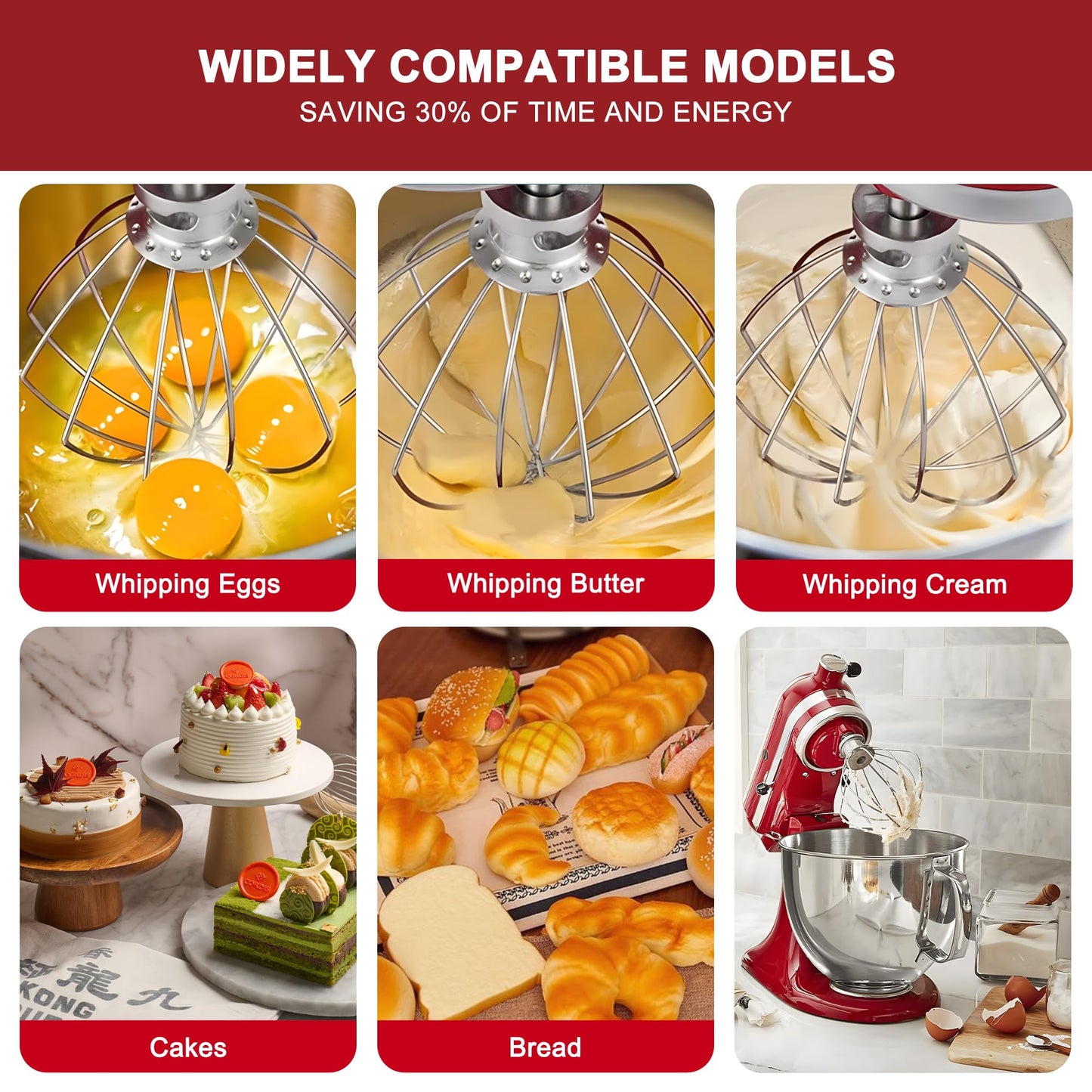 K45WW Stainless Steel 6 Wire Whip Attachment for KitchenAid 4.5-5 Quart Tilt-Head Stand Mixer Whisk Attachment for Whipping Egg Whites, Cream and Cake Batter, Fast Whisk Attachment fits