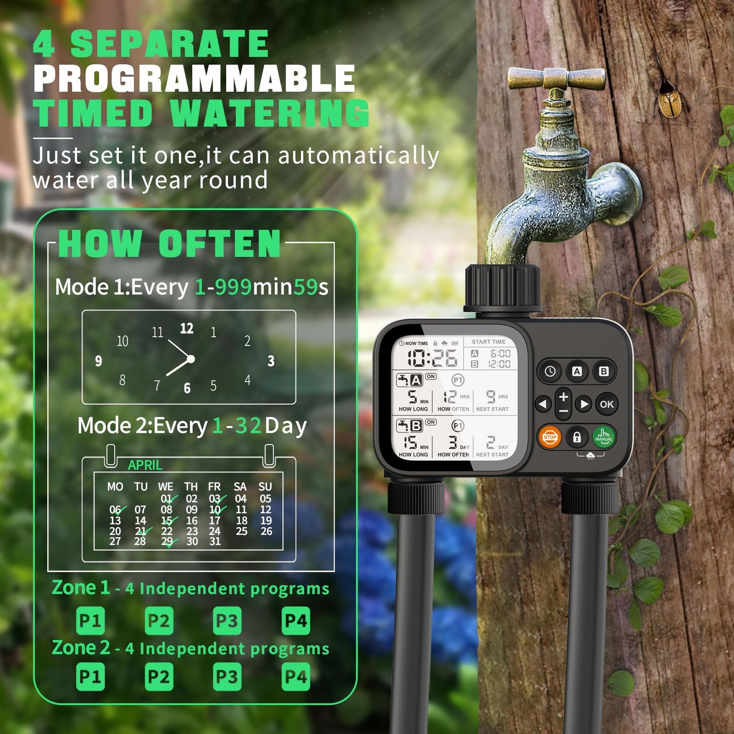 Sprinkler Timer for Garden Hose, 2 Zone Water Timer with with Auto Rain Delay, IP54 Waterproof 3.3“ Large LCD Drip Irrigation System Timers for Plant, Yard, Lawns, Outdoor