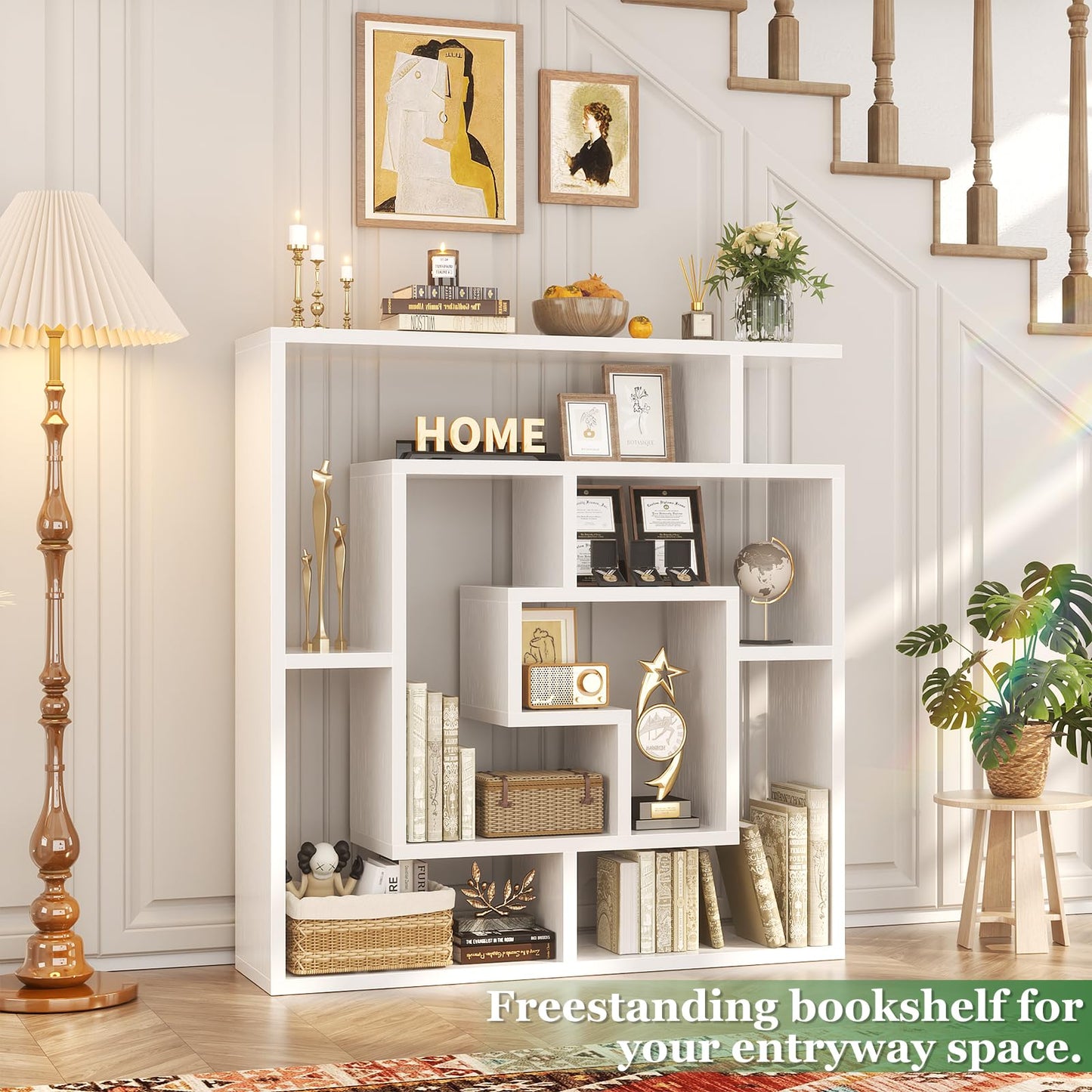 Armocity 6 Tier Display Book Shelf Wall Mounted Bookshelf Freestanding Geometric Bookcase Floating Book Shelves for Wall Bedroom Living Room Home Office, 45.5"(W) * 47"(H), White