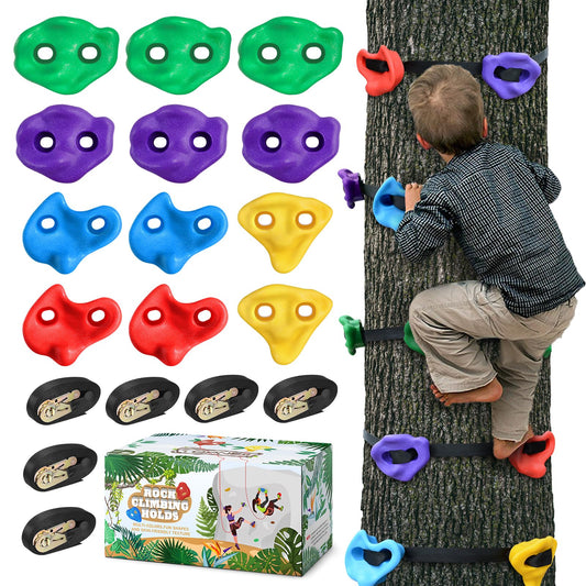 TOPNEW 12 Ninja Tree Climbing Holds for Kids Climber, Adult Climbing Rocks with 6 Ratchet Straps for Outdoor Ninja Warrior Obstacle Course Training