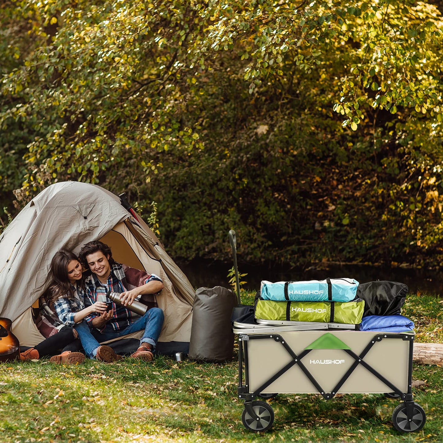 HAUSHOF Heavy Duty Collapsible Wagon, Folding Outdoor Utility Wagon, Camping Garden Beach Cart with Universal Quick Release Wheels, Adjustable Handle, 2 Cup Holders, 176 lbs Load Capacity, Green