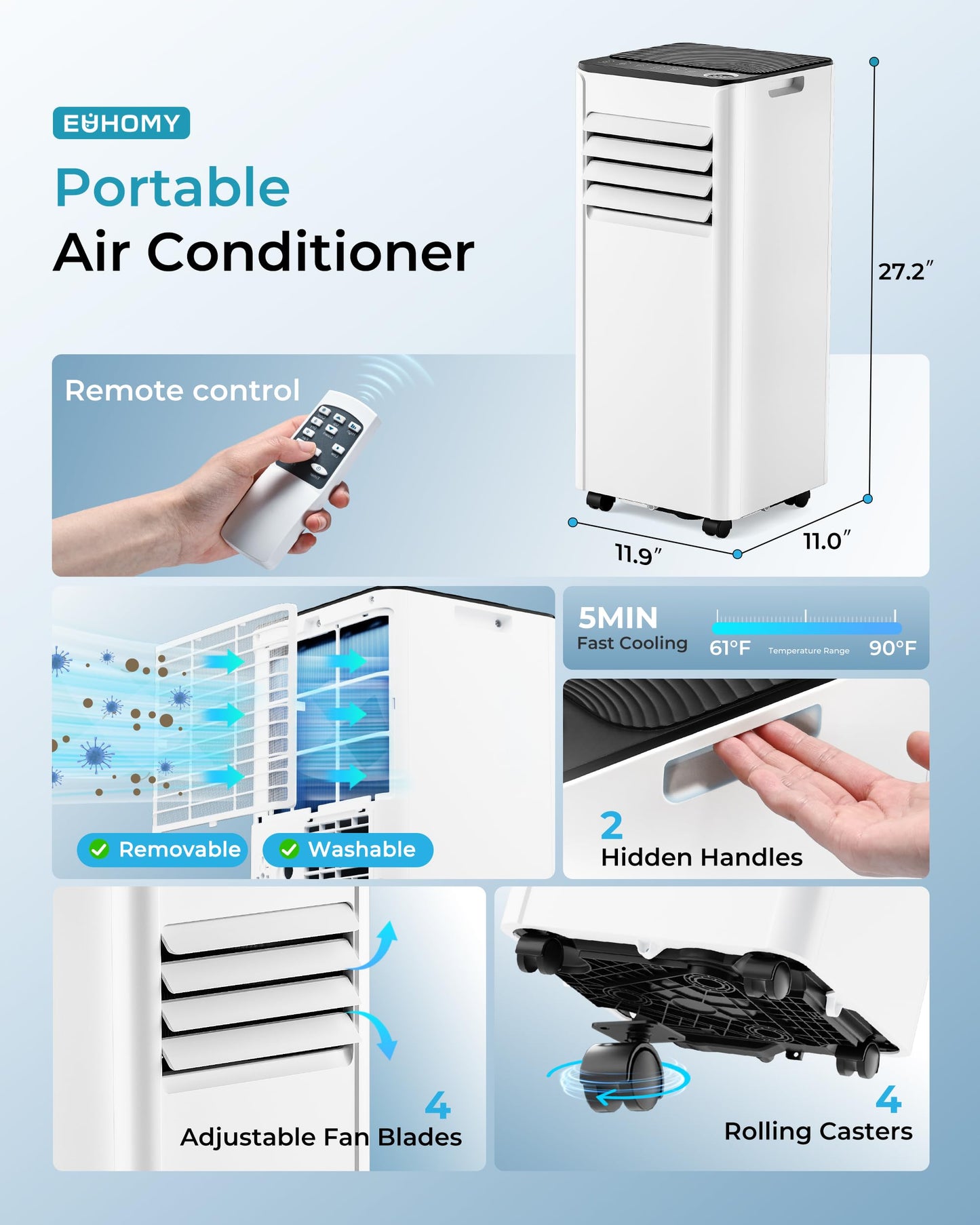 EUHOMY 10,000 BTU Portable Air Conditioners Up to 450 sq.ft, 3-1 Standing Smart Cooling AC with Remote, Dehumidifier, Fan, Air Conditioner Cools Room, 3 Modes, 24-hour timer, LED Display, Bedroom