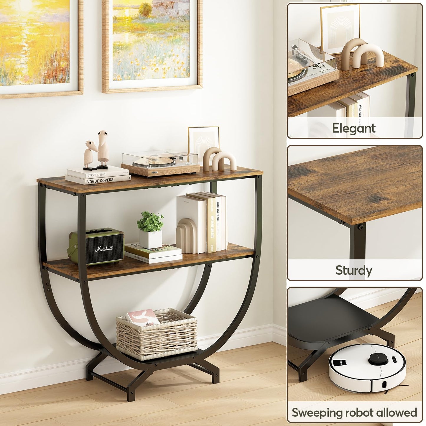 GILLAS 3 Tier Console Tables, 30" Height Entryway Table, Sofa Table Behind Couch, Industrial Entryway Furniture TV Stand with Storage for Living Room, Easy No-Extra-Tools Assembly, Rustic Brown