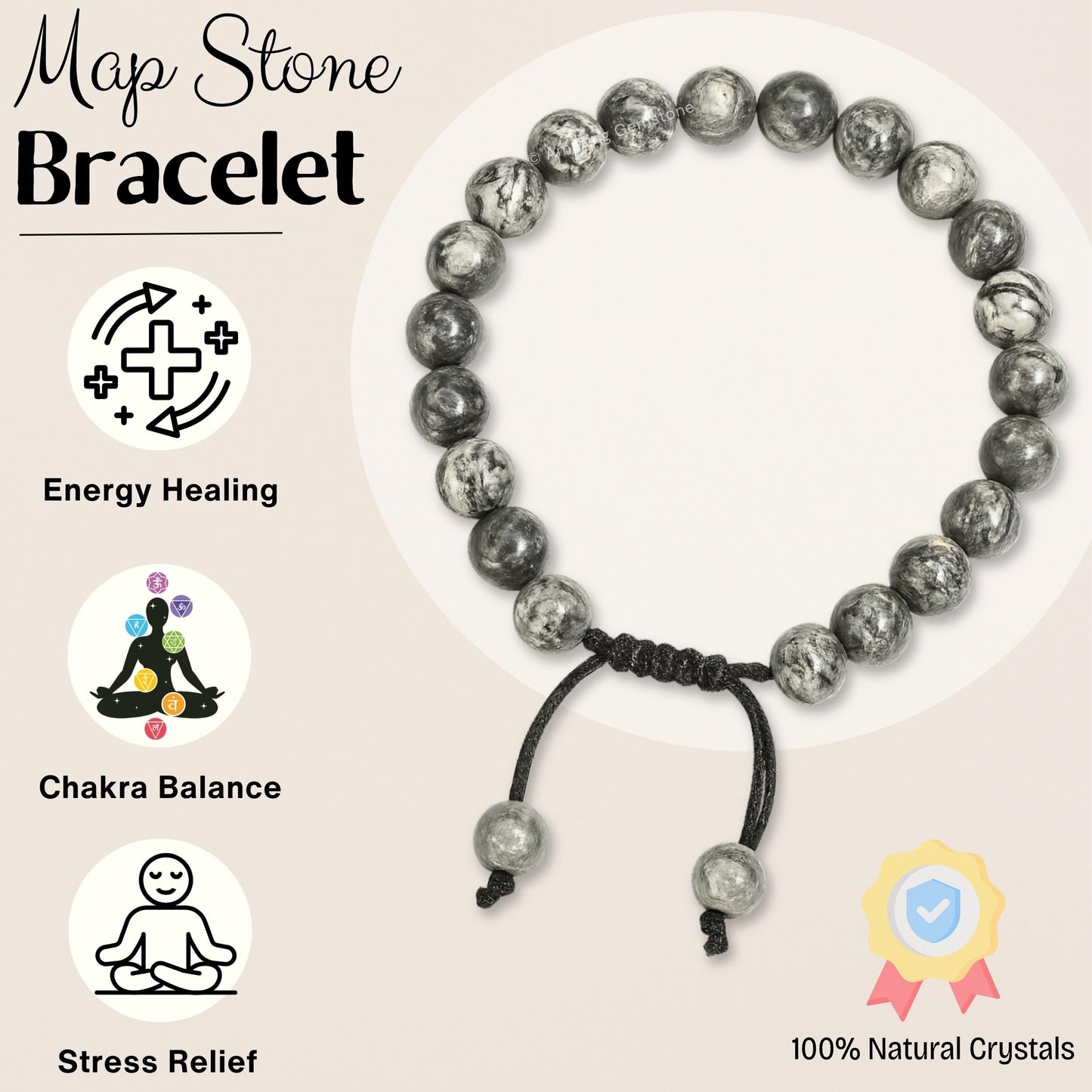 Amazing Gemstone Map Stone Bracelet for Women Men's Gifts - Protection Healing Crystal Bracelet - 8mm Gemstones Beaded Adjustable Bracelet Pulseras Para Hombres Mujer Stocking Stuffers