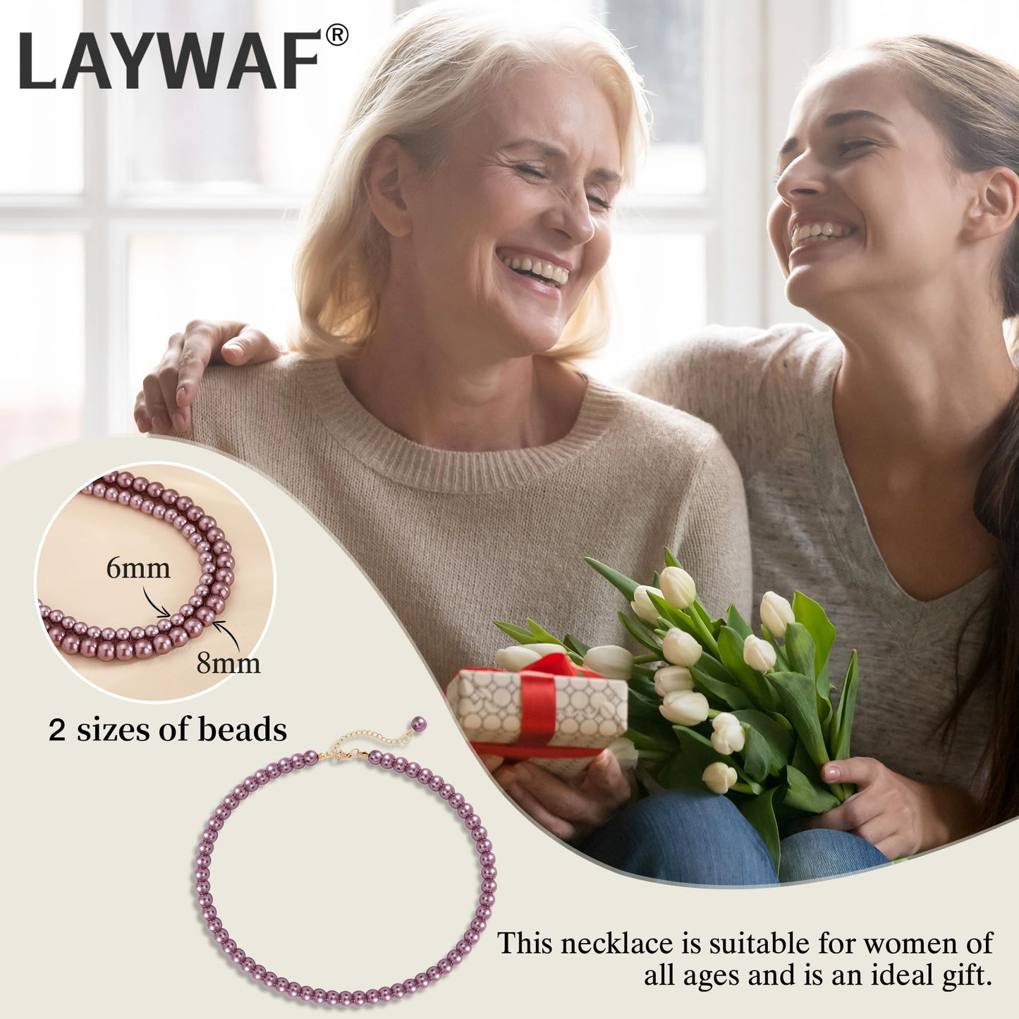 LAYWAF Imitation Pearl Necklace for Women, Fake Pearl Purple Choker, 8MM Beaded Necklace, Simple Dainty Faux Pearls Necklace Jewelry, Costume Pearl Accessories