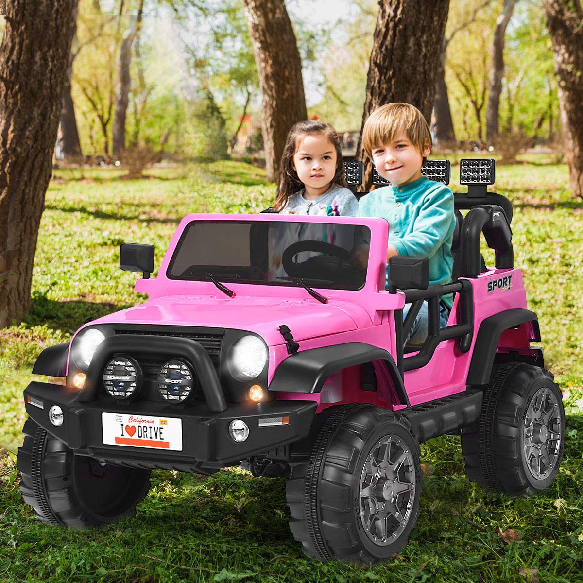 Costzon 2-Seater Ride on Truck, 12V Battery Powered Electric Vehicle Toy w/Storage, Remote Control, 3 Speed, LED Lights, MP3, Horn, Music, 2 Doors Open, Spring Suspension, Ride on Car for Kids (Pink)