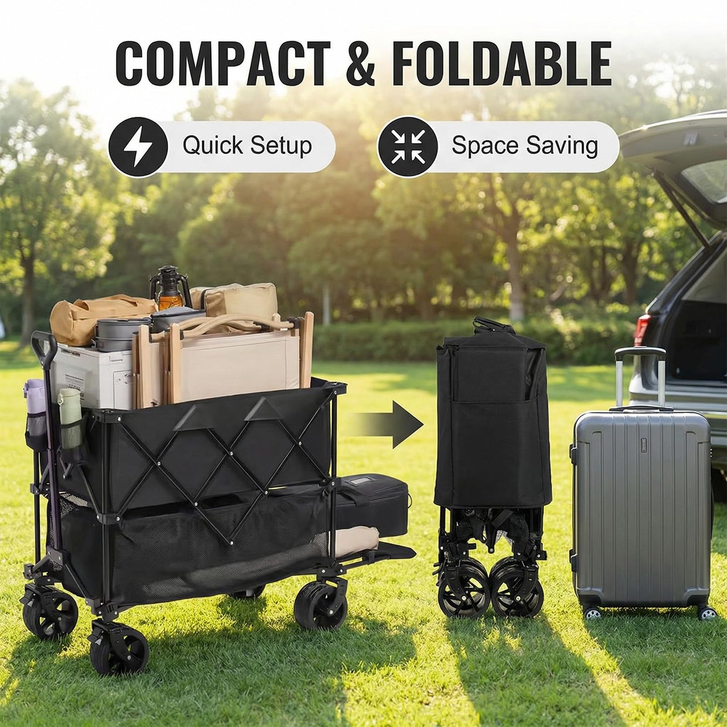 Double Decker Wagon with Table, 600lb 400L 54'' Extra Long Heavy Duty Wagons Carts Foldable with Tailgate, Utility Folding Cart Big All-Terrain Wheels with Brakes for Camping, Fishing, Beach, Outdoor